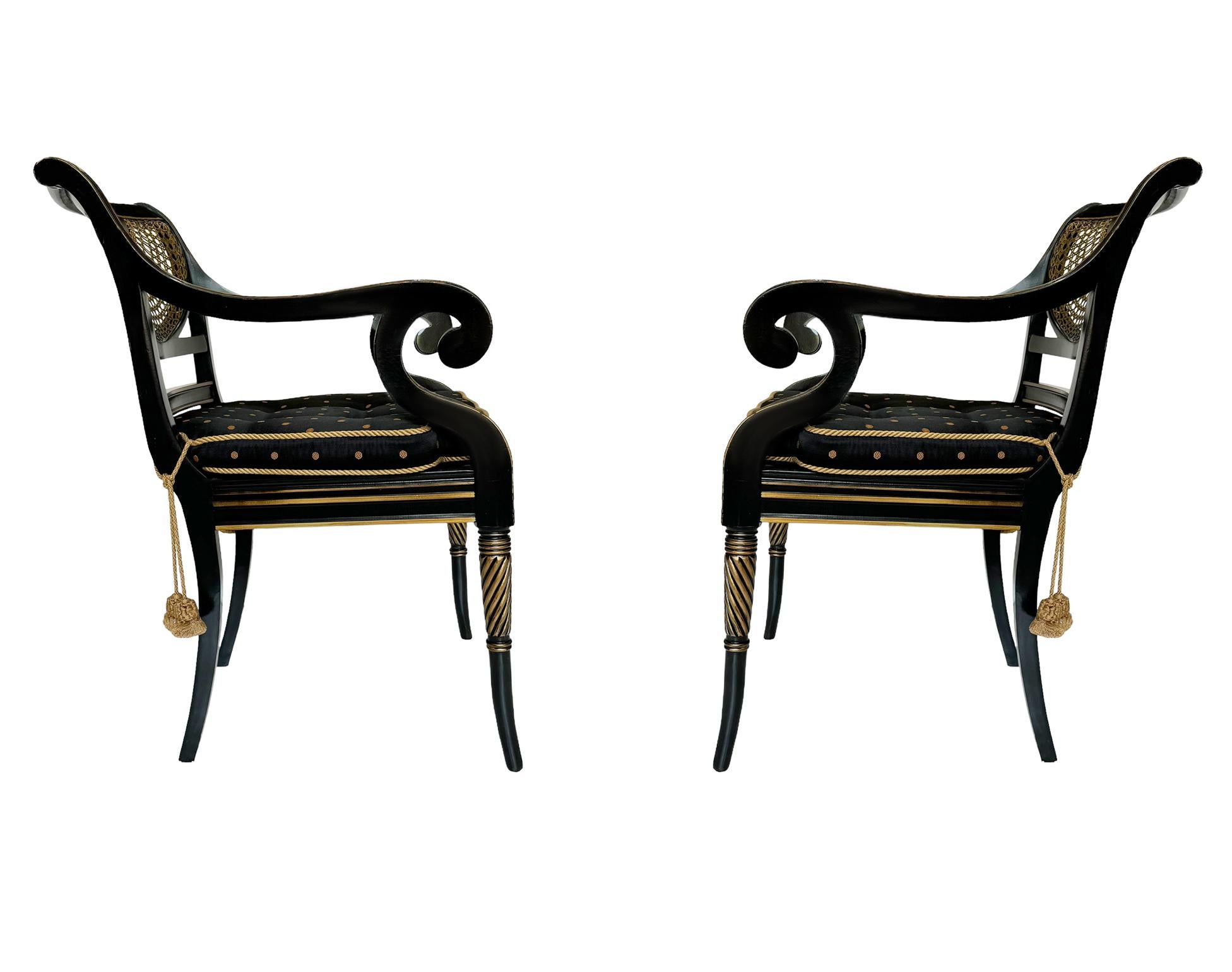 Pair of Hollywood Regency Black Rope & Tassel Cane Armchairs or Side Chairs 2