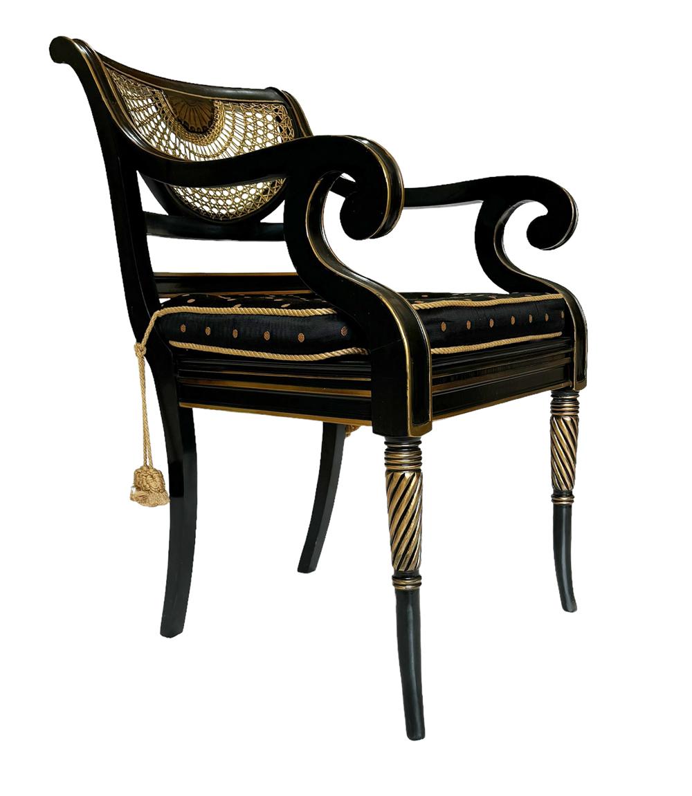 Pair of Hollywood Regency Black Rope & Tassel Cane Armchairs or Side Chairs 3