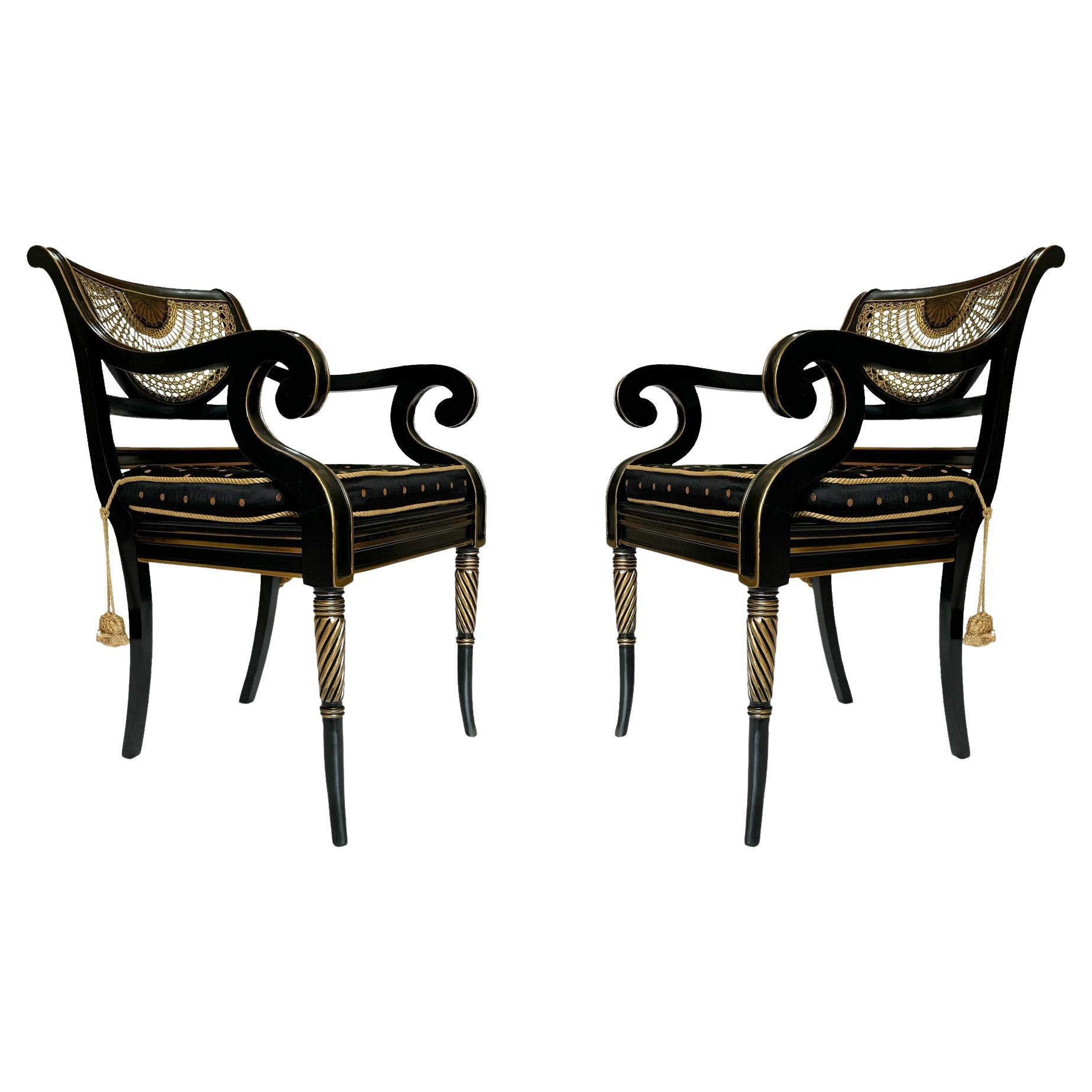 Pair of Hollywood Regency Black Rope & Tassel Cane Armchairs or Side Chairs