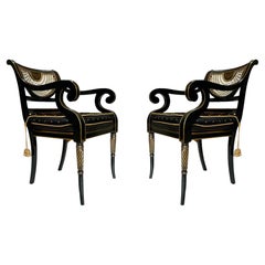 Pair of Hollywood Regency Black Rope & Tassel Cane Armchairs or Side Chairs