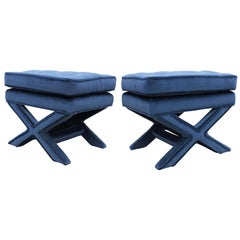 Pair of Hollywood Regency Blue Mohair X Base Ottomans/Stools by Milo Baughman