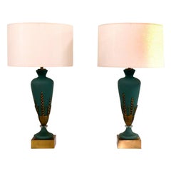 Pair of Hollywood Regency Blueish Green Glass Lamps