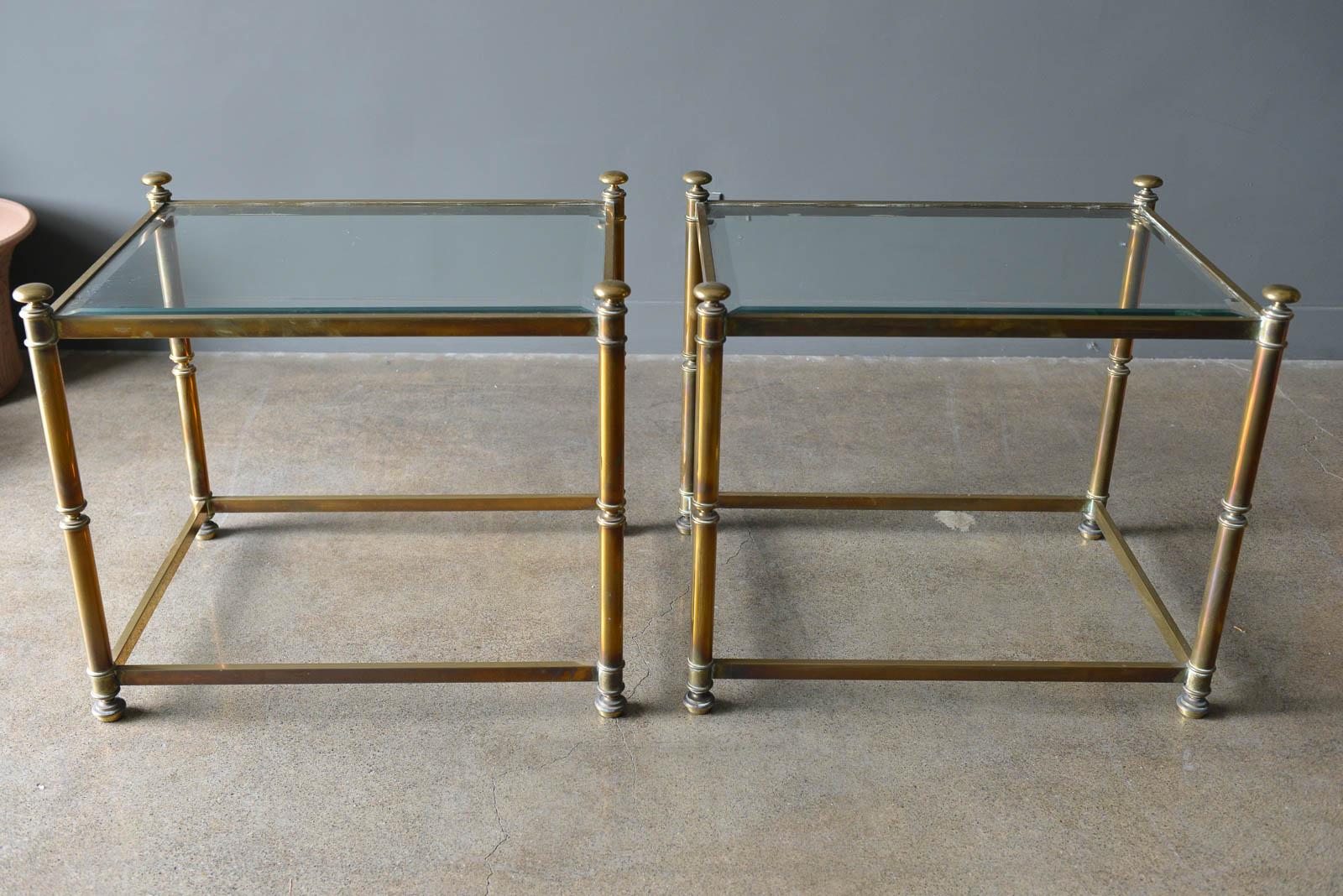 American Pair of Hollywood Regency Brass and Beveled Glass Side Tables, circa 1970
