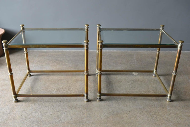 American Pair of Hollywood Regency Brass and Beveled Glass Side Tables, circa 1970 For Sale