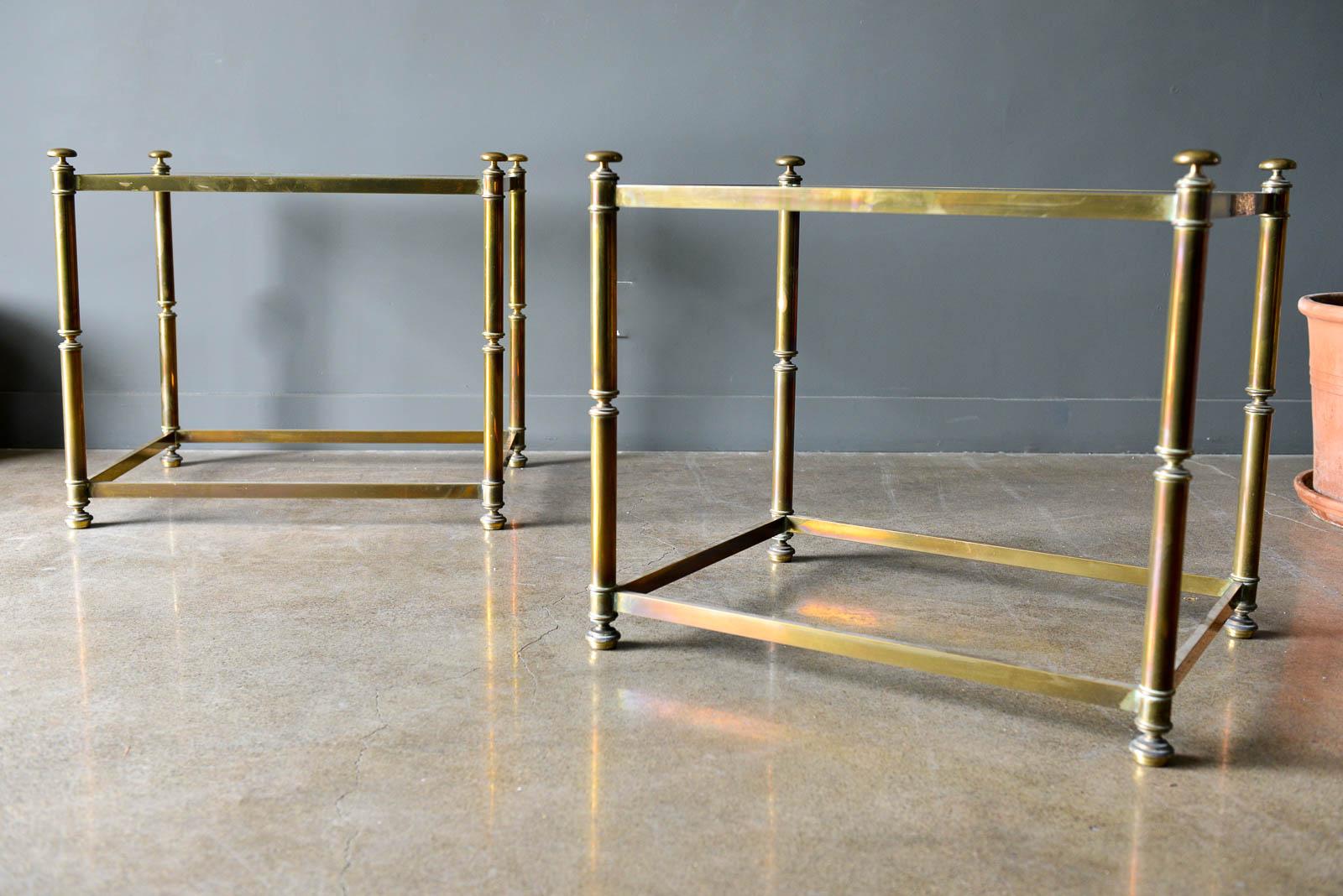 Pair of Hollywood Regency Brass and Beveled Glass Side Tables, circa 1970 In Good Condition In Costa Mesa, CA
