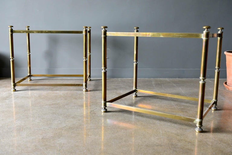 Pair of Hollywood Regency Brass and Beveled Glass Side Tables, circa 1970 In Good Condition For Sale In Costa Mesa, CA