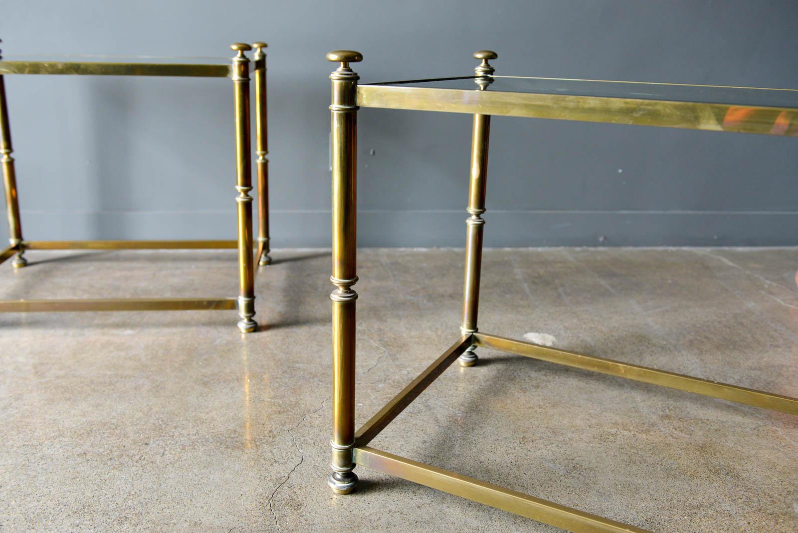 Late 20th Century Pair of Hollywood Regency Brass and Beveled Glass Side Tables, circa 1970