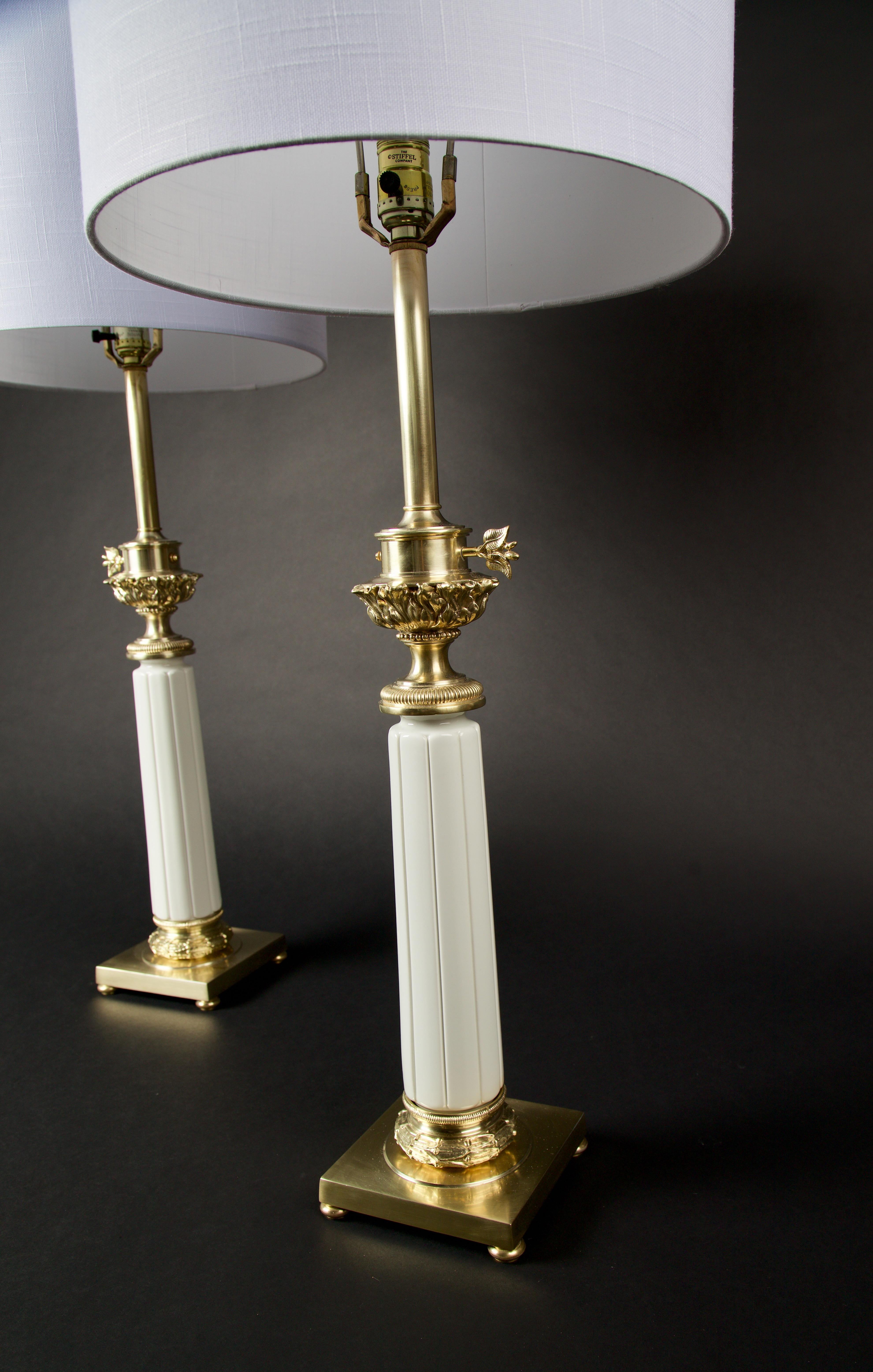 American Pair of Hollywood Regency Brass and Ceramic Stiffel Table Lamps