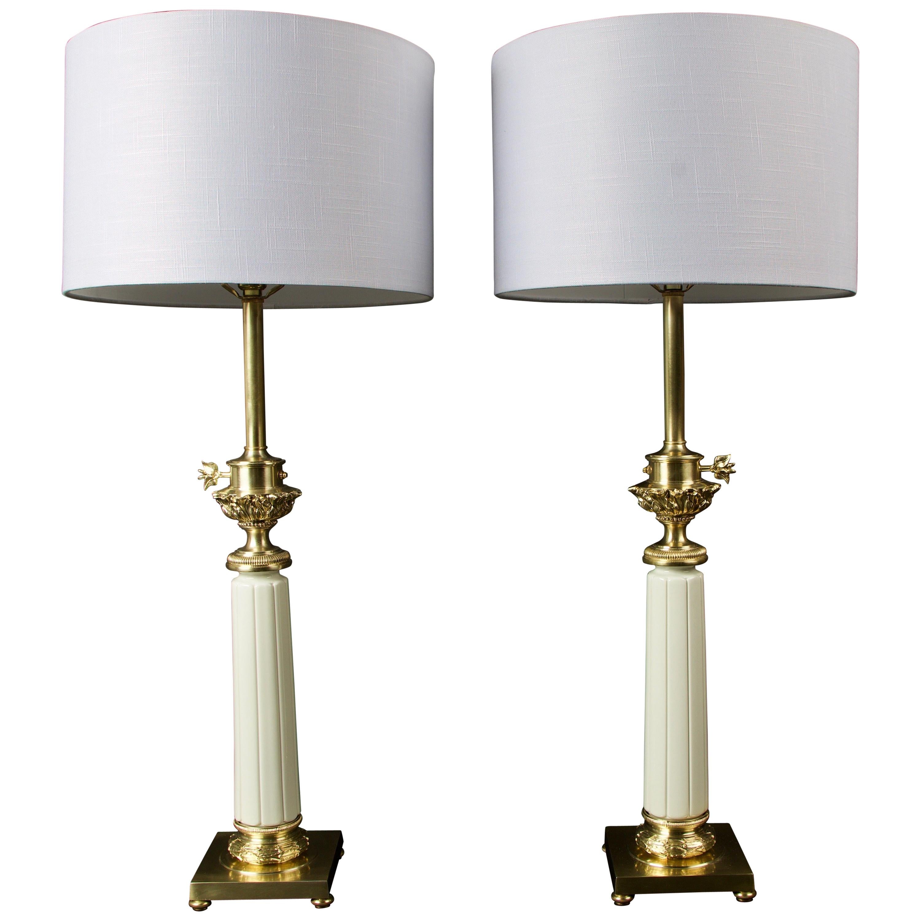 Pair of Hollywood Regency Brass and Ceramic Stiffel Table Lamps