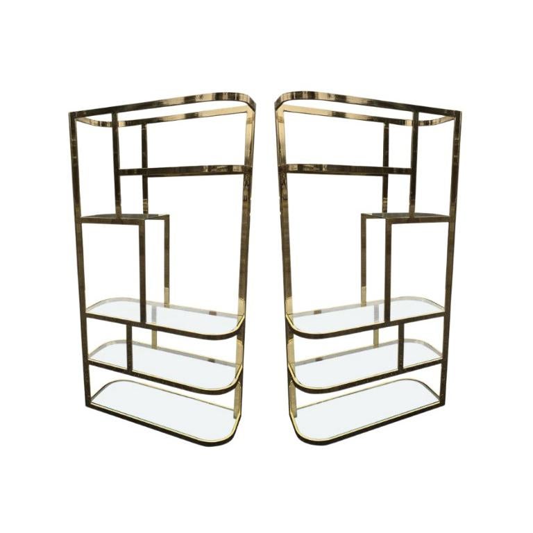 Pair of Hollywood Regency Brass and Glass Étagères '2'
