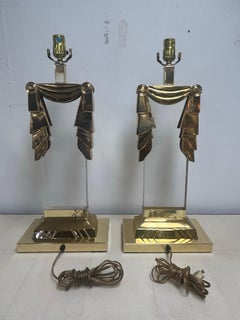 Pair of Hollywood Regency Brass and Lucite Table Lamps