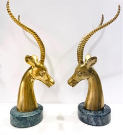 Pair of Hollywood Regency Brass Antelope Sculptures with Marble Bases, 1970's