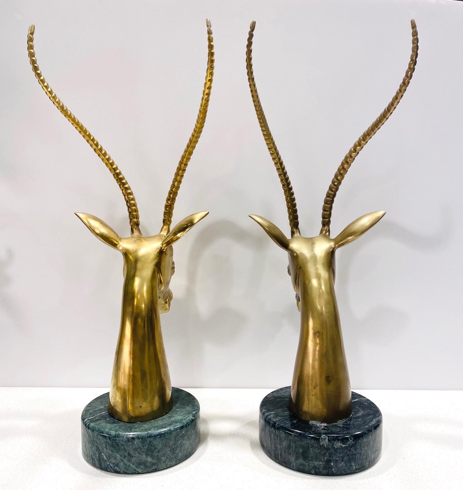 American Pair of Hollywood Regency Brass Antelope Sculptures with Marble Bases, 1970's For Sale