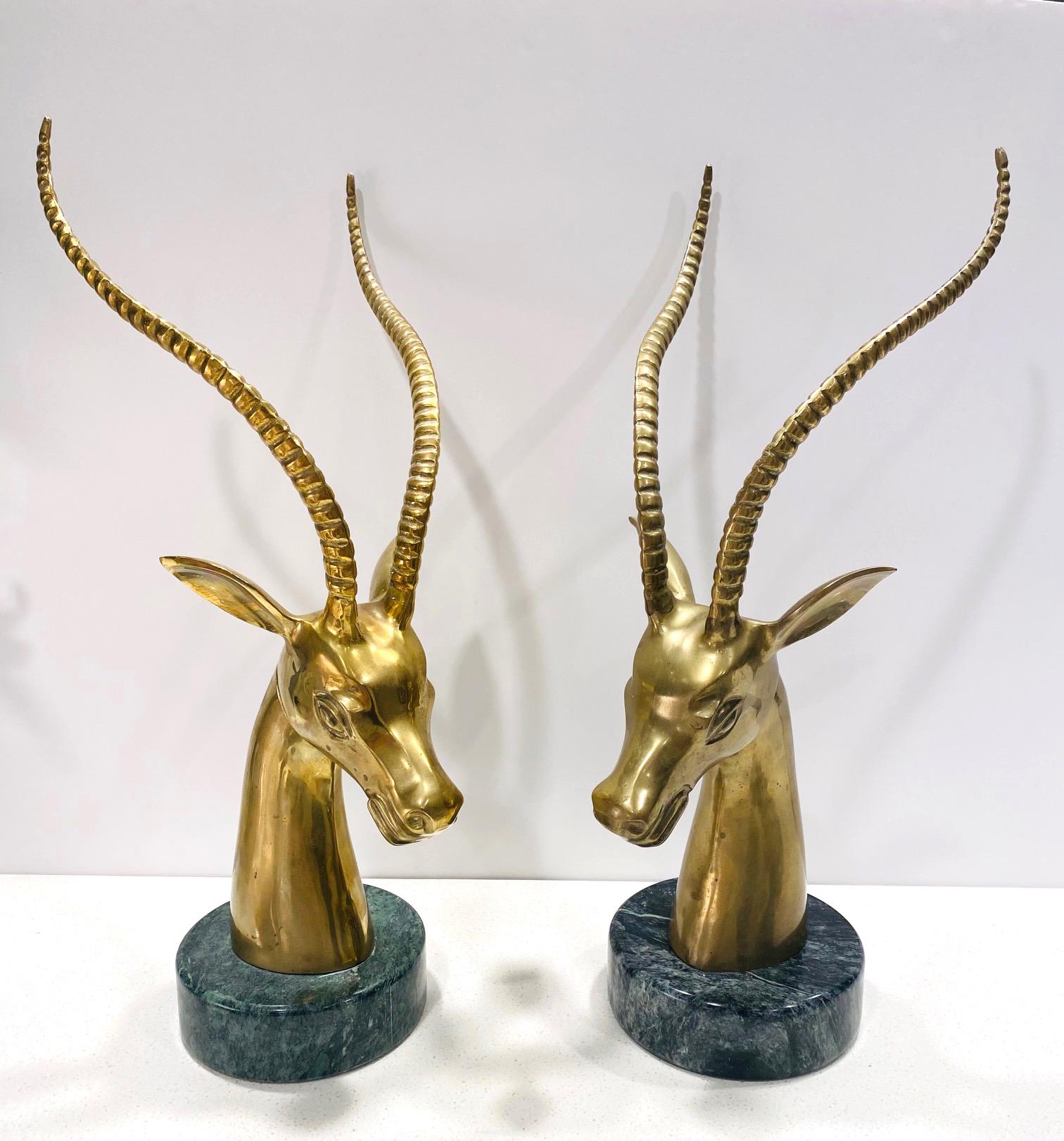 Cast Pair of Hollywood Regency Brass Antelope Sculptures with Marble Bases, 1970's For Sale
