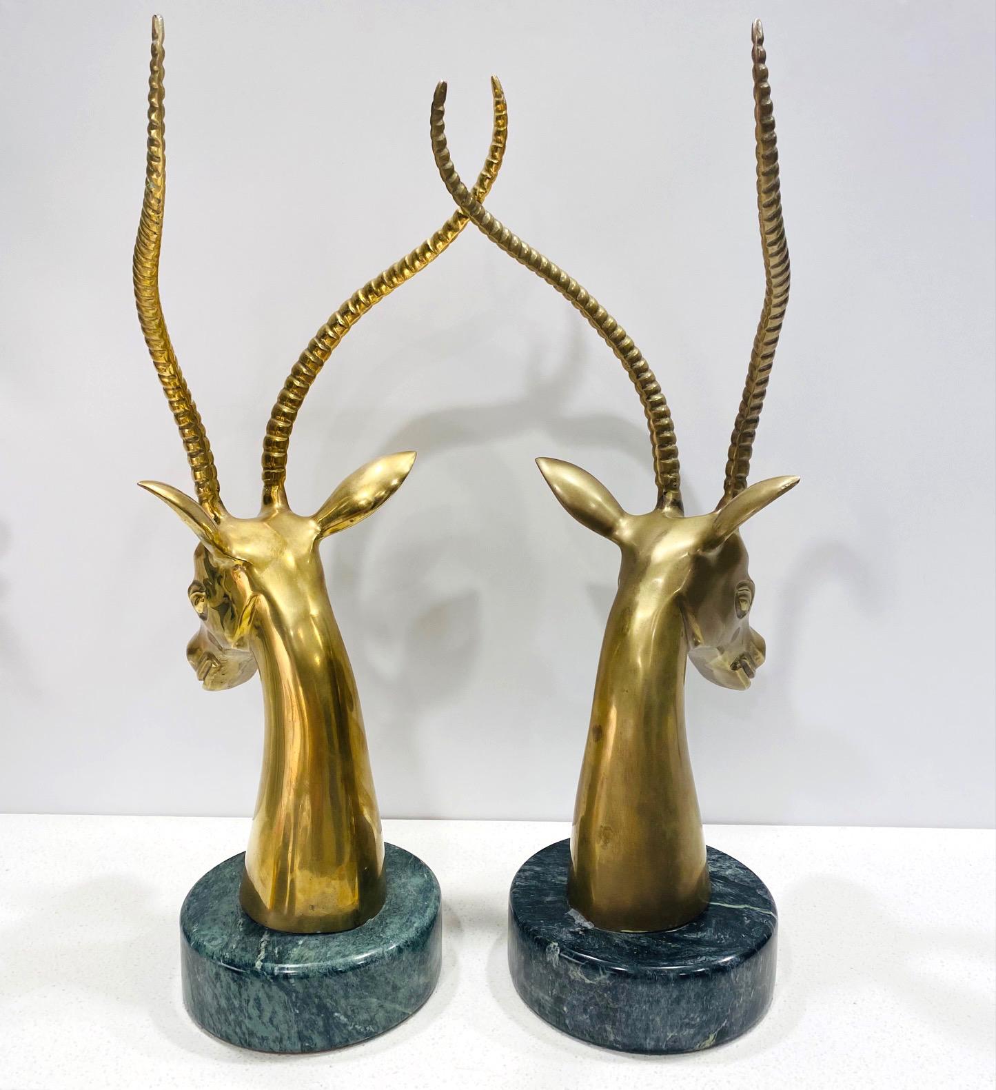 Pair of Hollywood Regency Brass Antelope Sculptures with Marble Bases, 1970's In Good Condition For Sale In Fort Lauderdale, FL