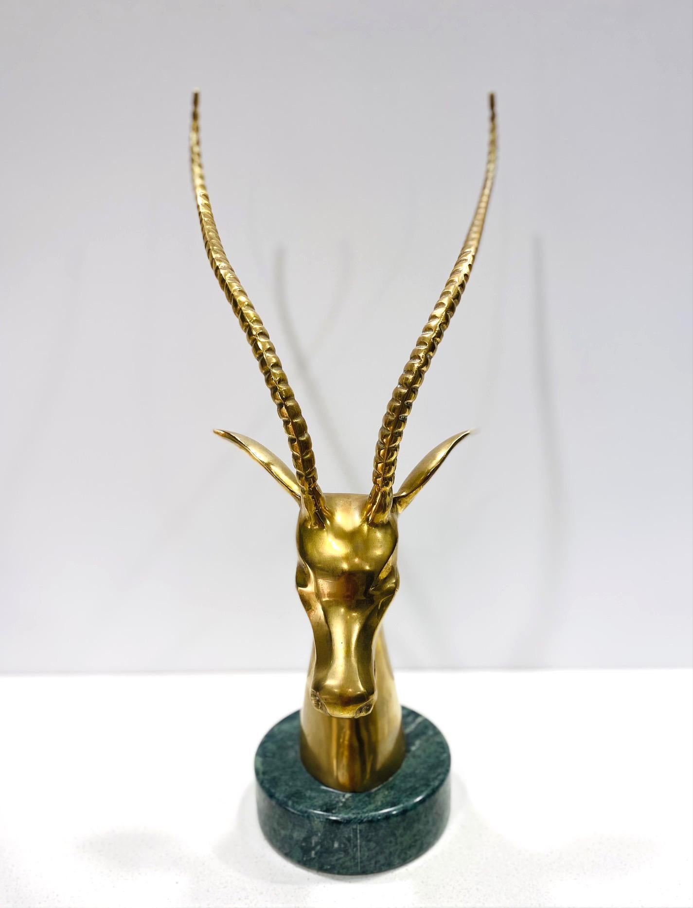 Late 20th Century Pair of Hollywood Regency Brass Antelope Sculptures with Marble Bases, 1970's For Sale