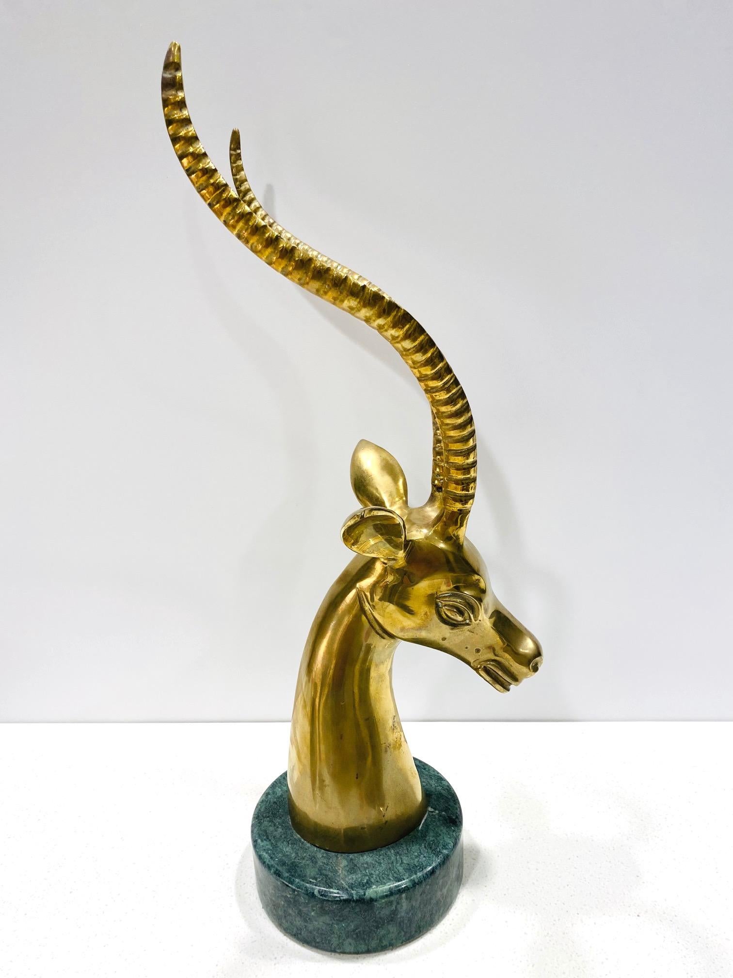 Pair of Hollywood Regency Brass Antelope Sculptures with Marble Bases, 1970's For Sale 1