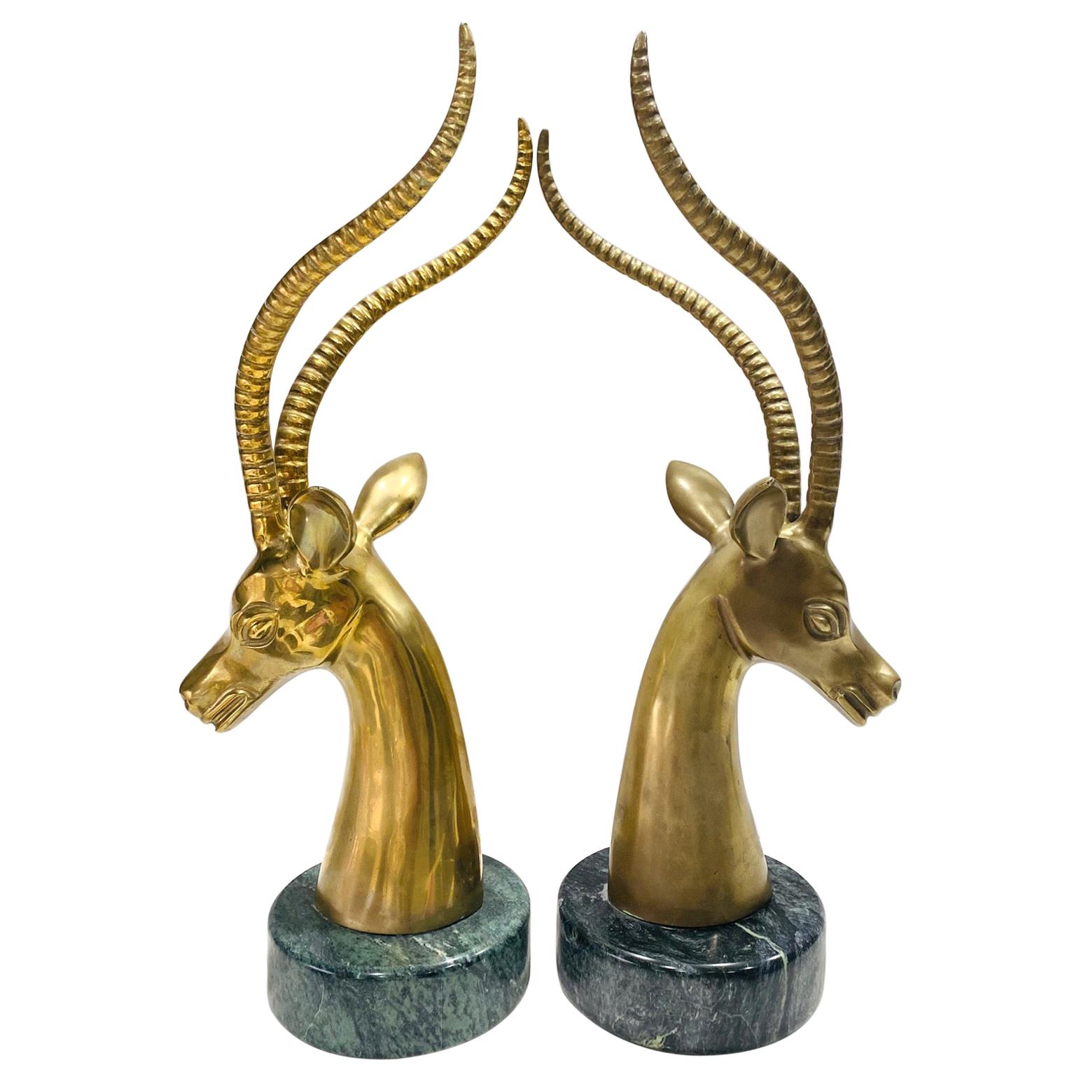 Pair of Hollywood Regency Brass Antelope Sculptures with Marble Bases, 1970's For Sale