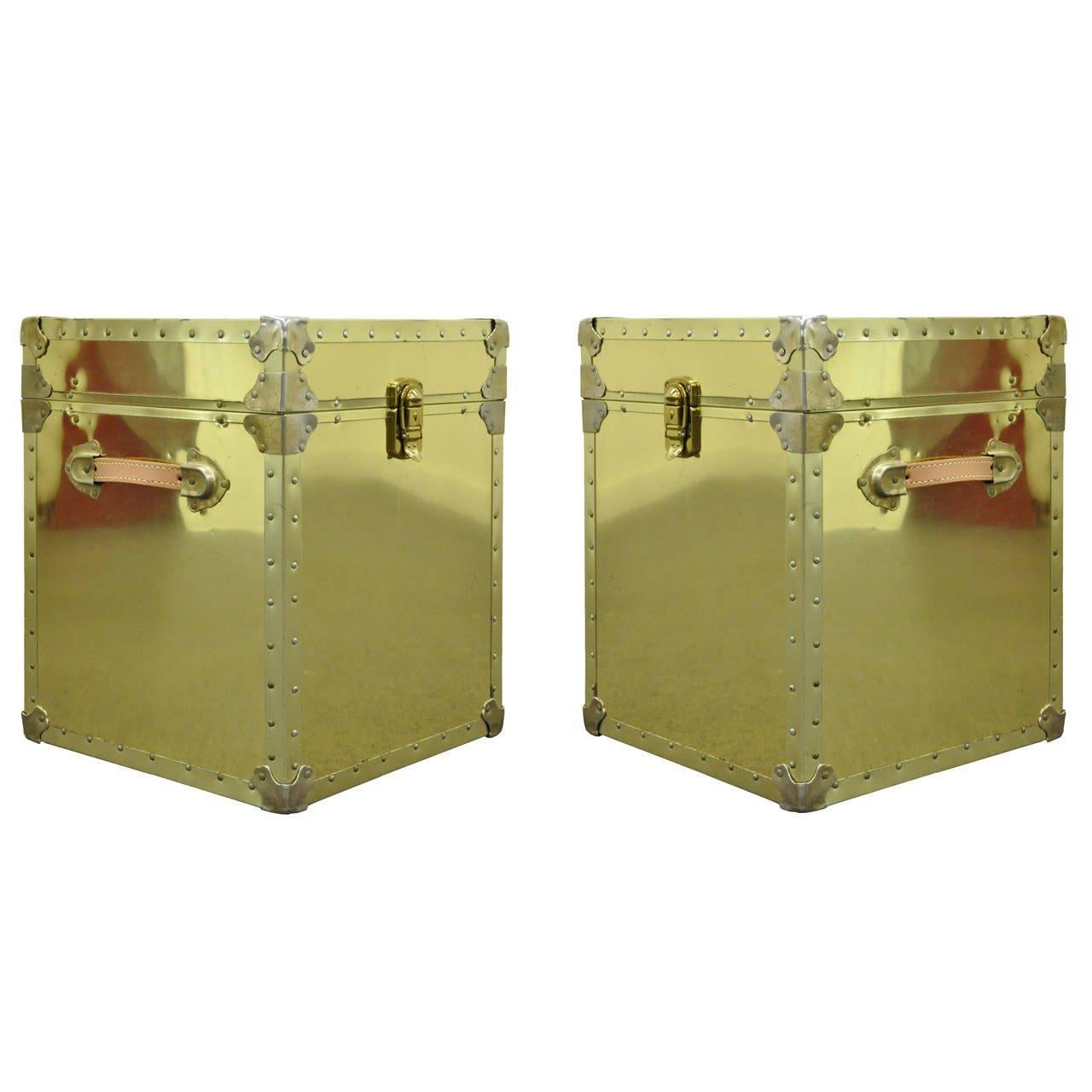 Pair of Hollywood Regency Brass Clad Trunks Chest Side Tables by Luggage Gallery 2