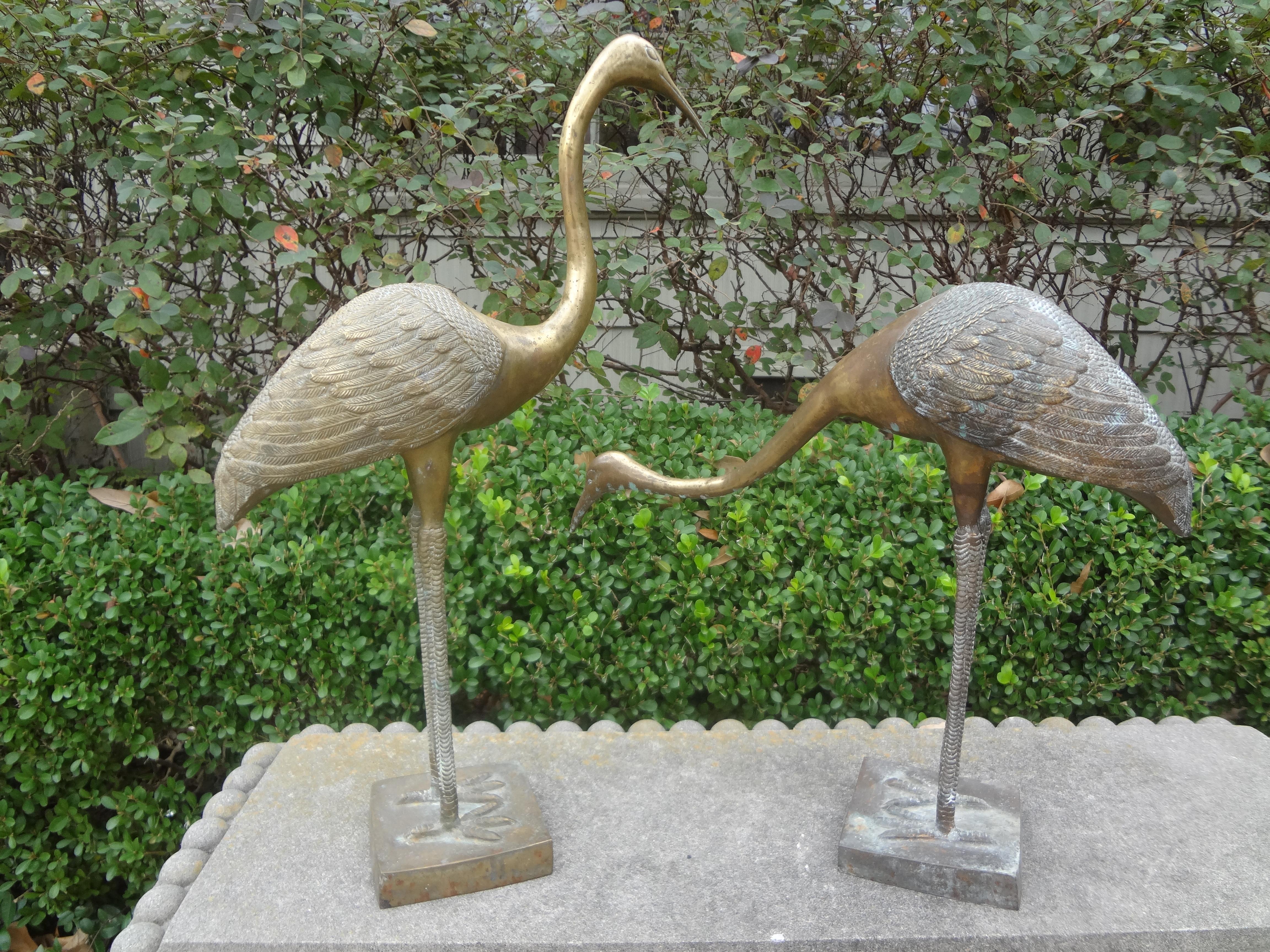 Pair of Hollywood Regency brass cranes. These stunning midcentury brass crane statues are well detailed and make great decorative accessories. Great patina. Can be polished if desired.
Measures: taller: 21.5 inches height
 16 inches width
 4.5