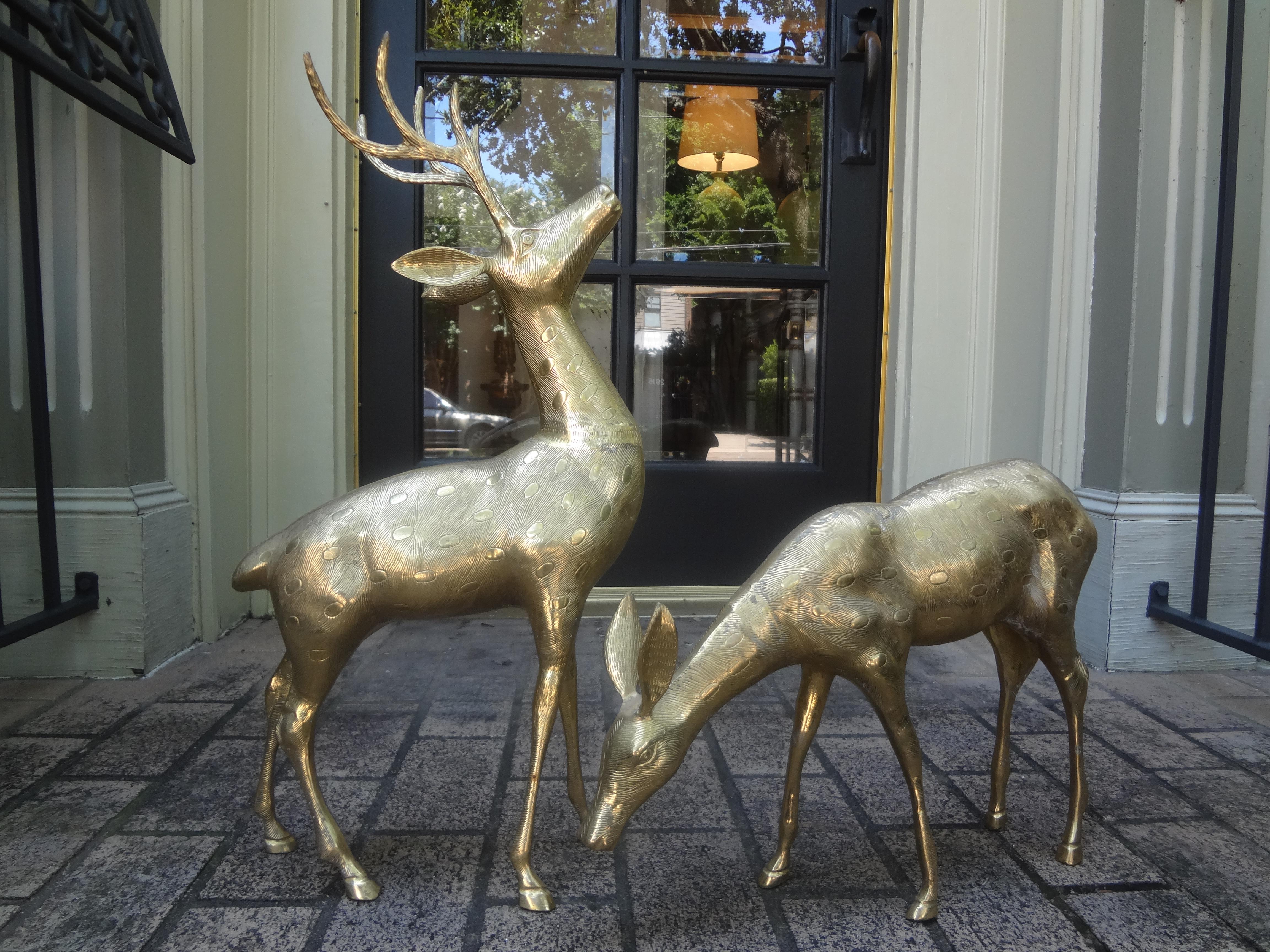 Beautiful pair of Hollywood Regency brass deer figures or brass deer table sculptures. These large well detailed brass deer sculptures have nice etching and are in great condition. Beautiful patina!
Dimensions: 
23.5 inches H, 10.38 inches L, 3.75