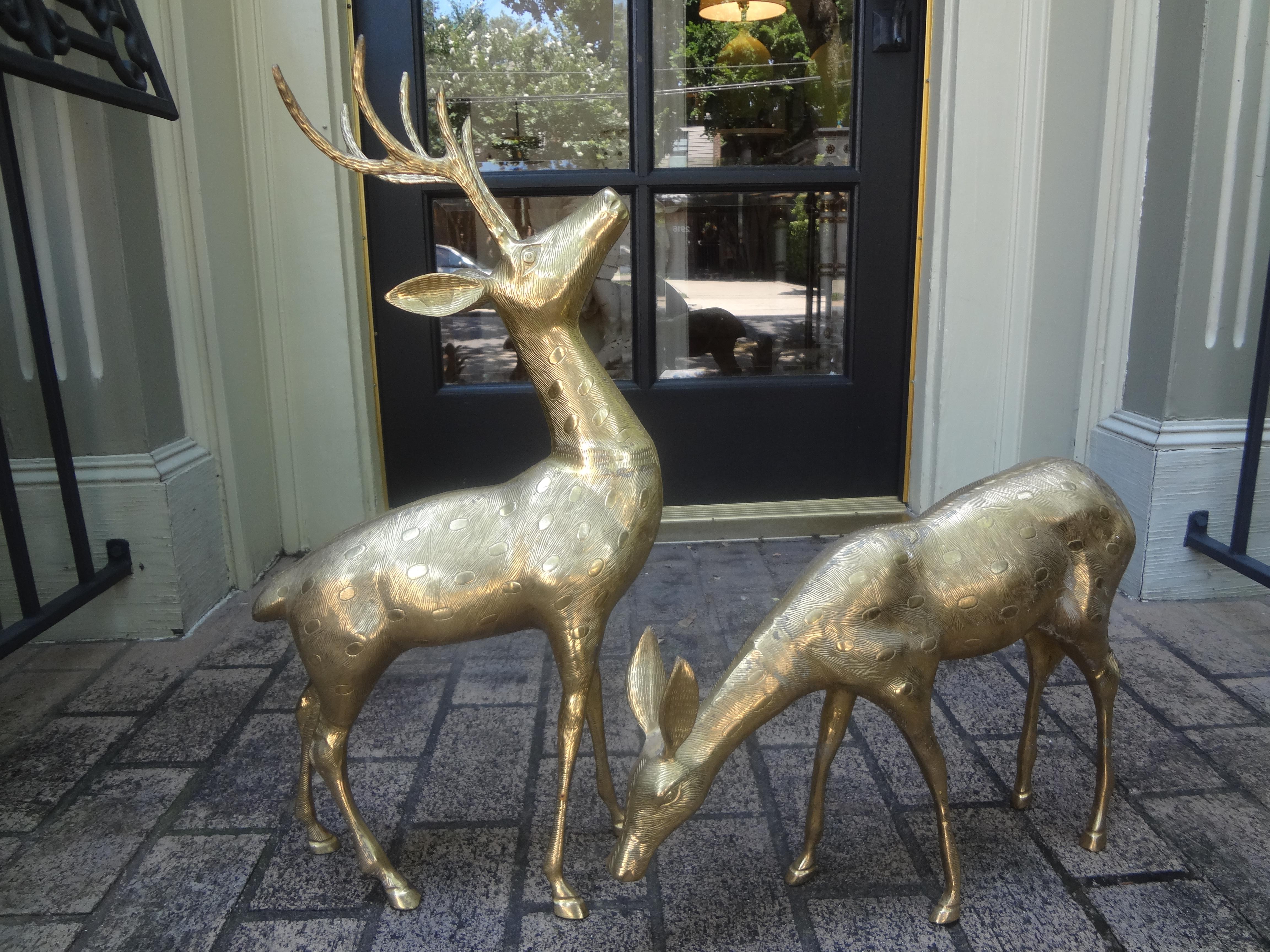 Etched Pair of Hollywood Regency Brass Deer Figures