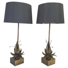 Pair of Hollywood Regency Brass Flowerhead Lamps with Charcoal Shades