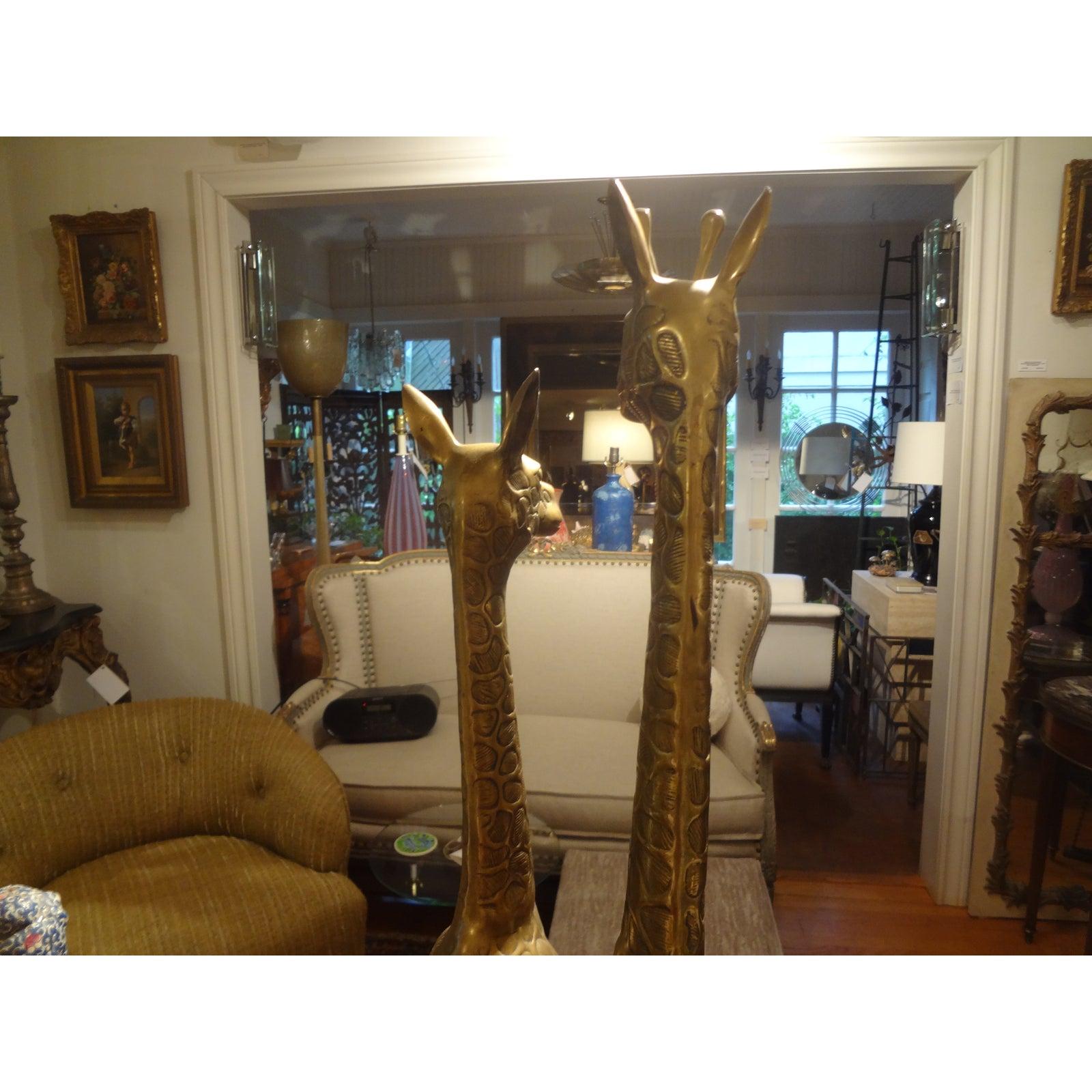 Pair of Hollywood Regency Brass Giraffes In Good Condition For Sale In Houston, TX