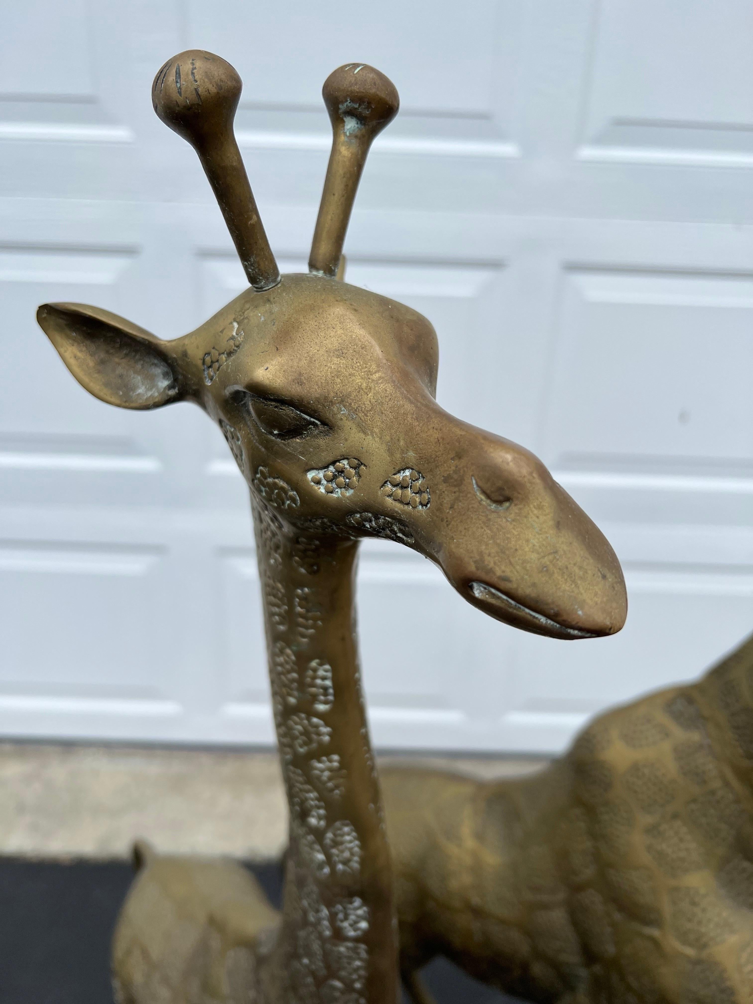 Pair of Hollywood Regency Brass Giraffes-Mother and Baby 4