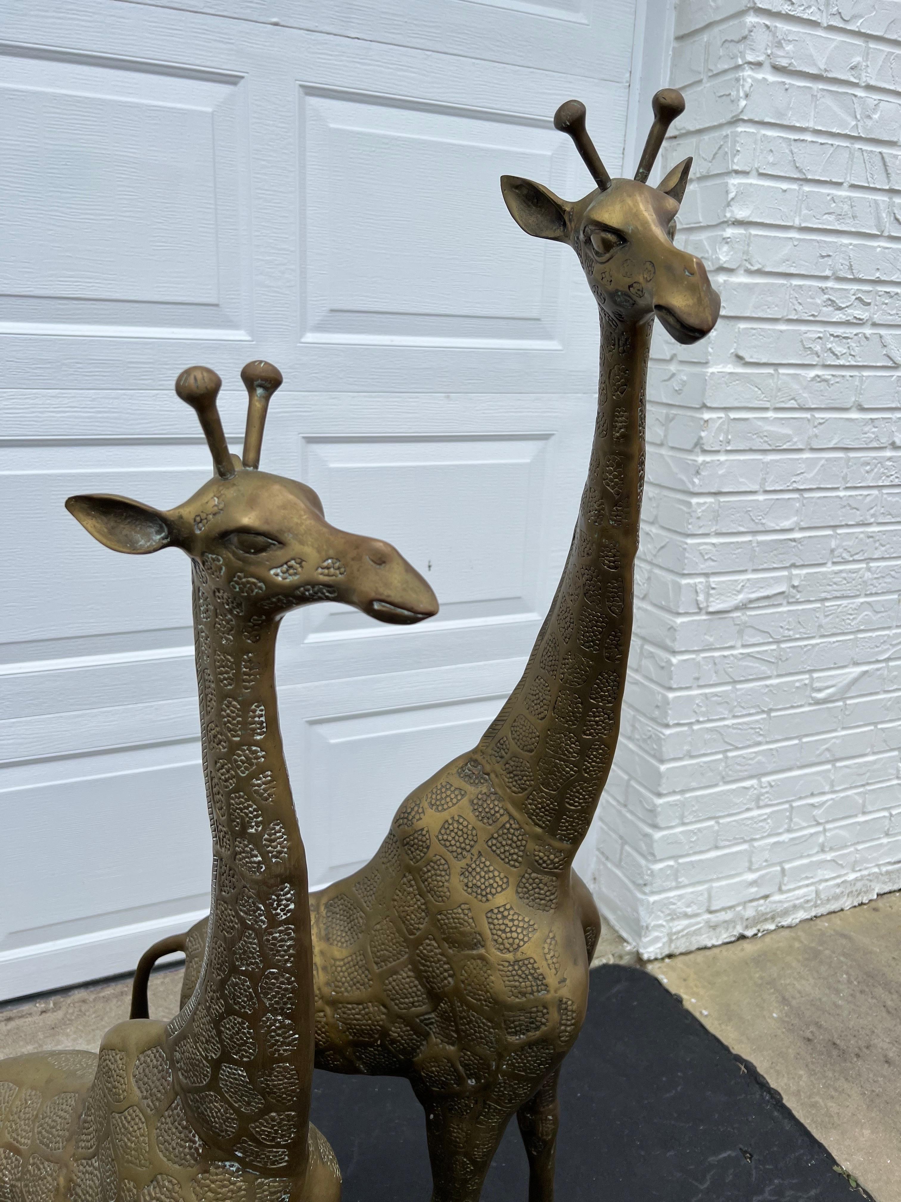 Pair of Hollywood Regency Brass Giraffes-Mother and Baby For Sale 7