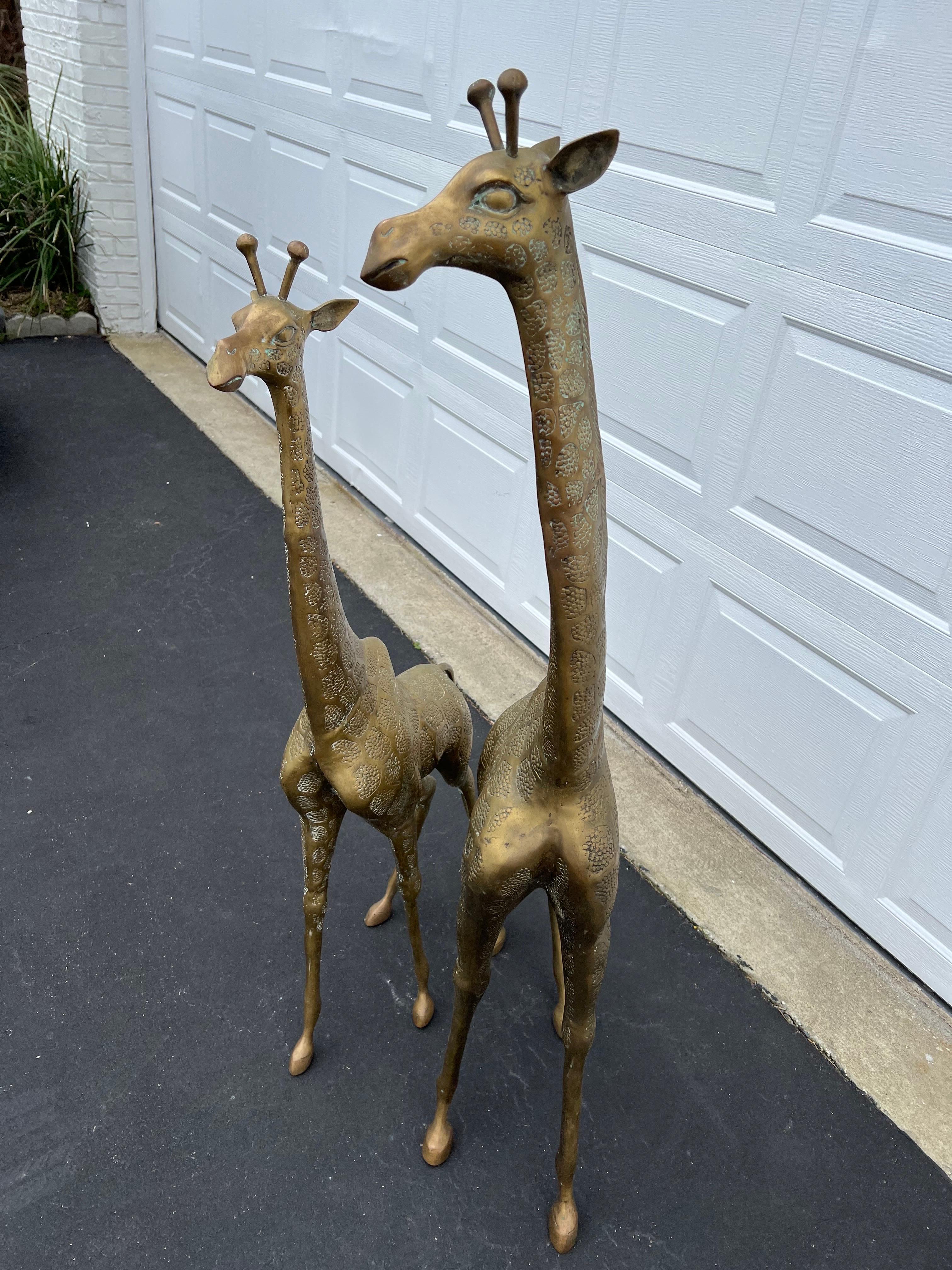 Pair of Hollywood Regency Brass Giraffes-Mother and Baby For Sale 8