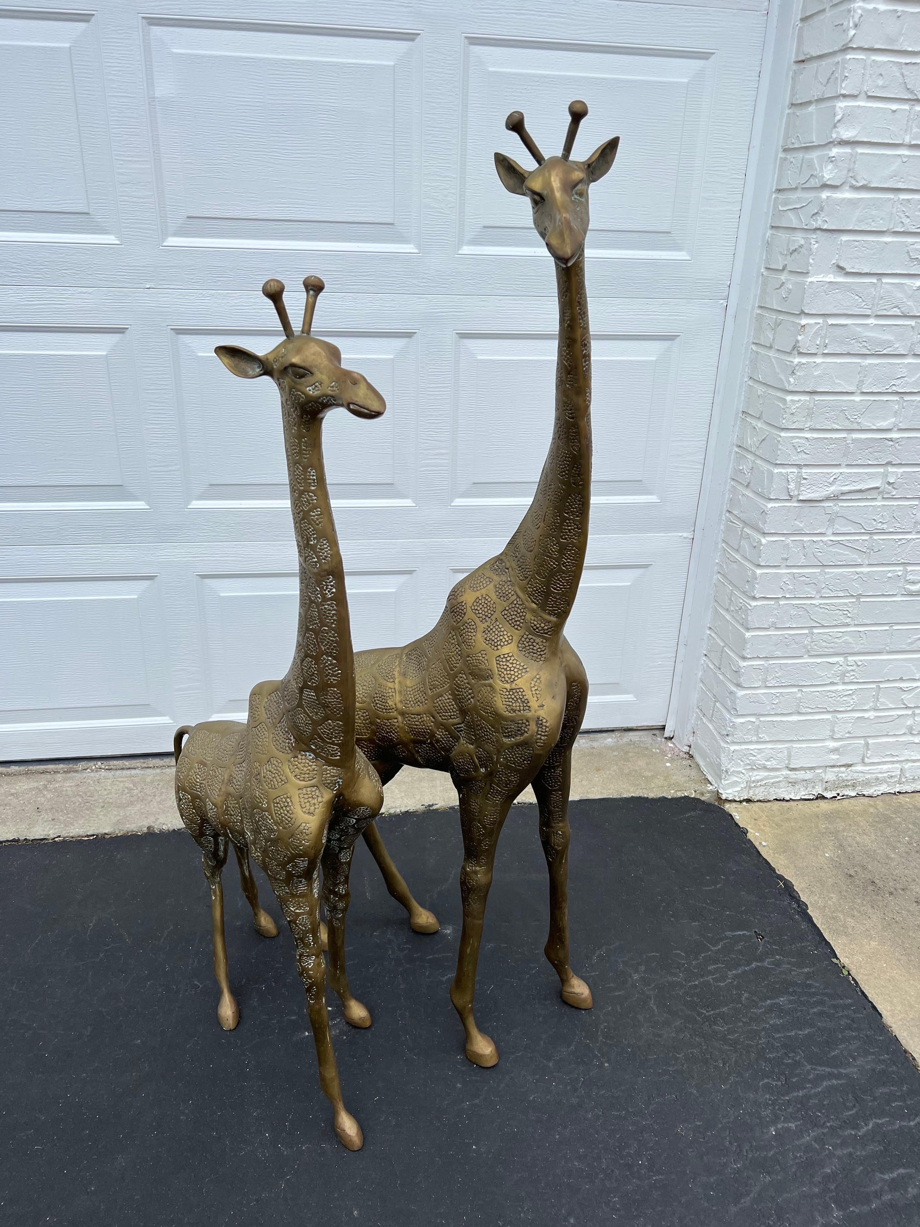 Pair of Hollywood Regency Brass Giraffes-Mother and Baby For Sale 12