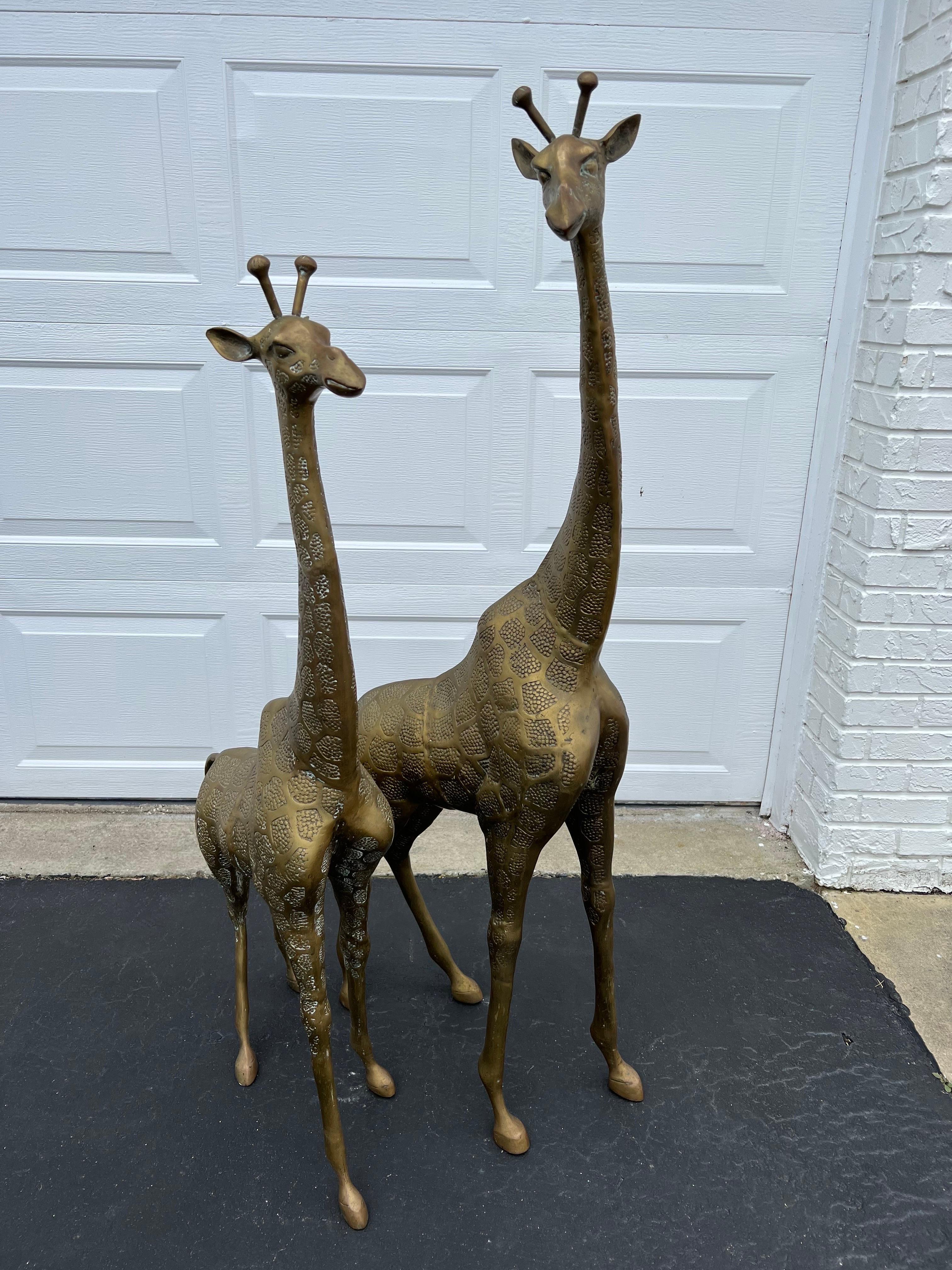 Pair of Hollywood Regency Brass Giraffes-Mother and Baby For Sale 13