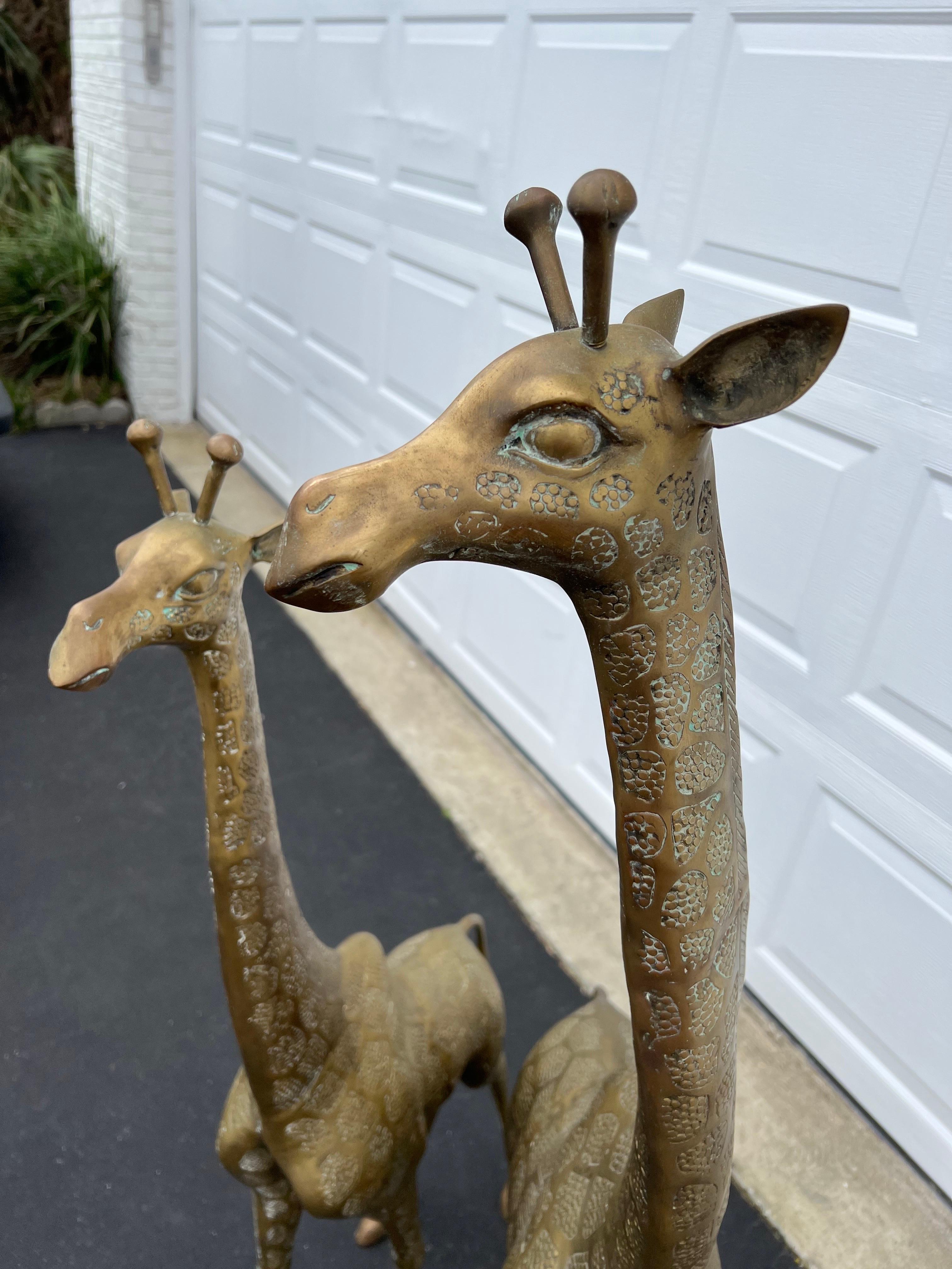 Pair of Hollywood Regency Brass Giraffes-Mother and Baby For Sale 14