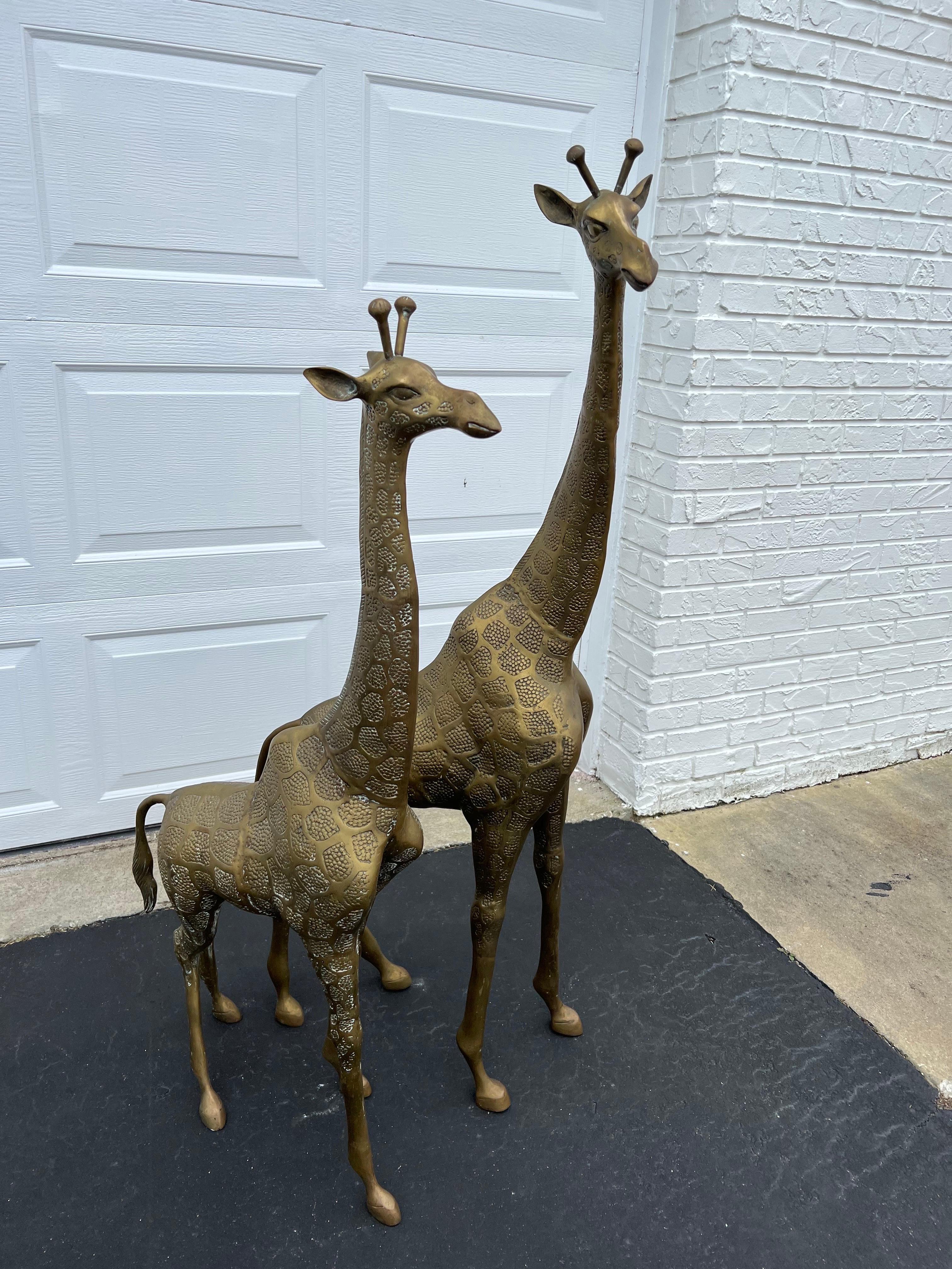 Pair of Hollywood Regency Brass Giraffes-Mother and Baby In Good Condition For Sale In Redding, CT