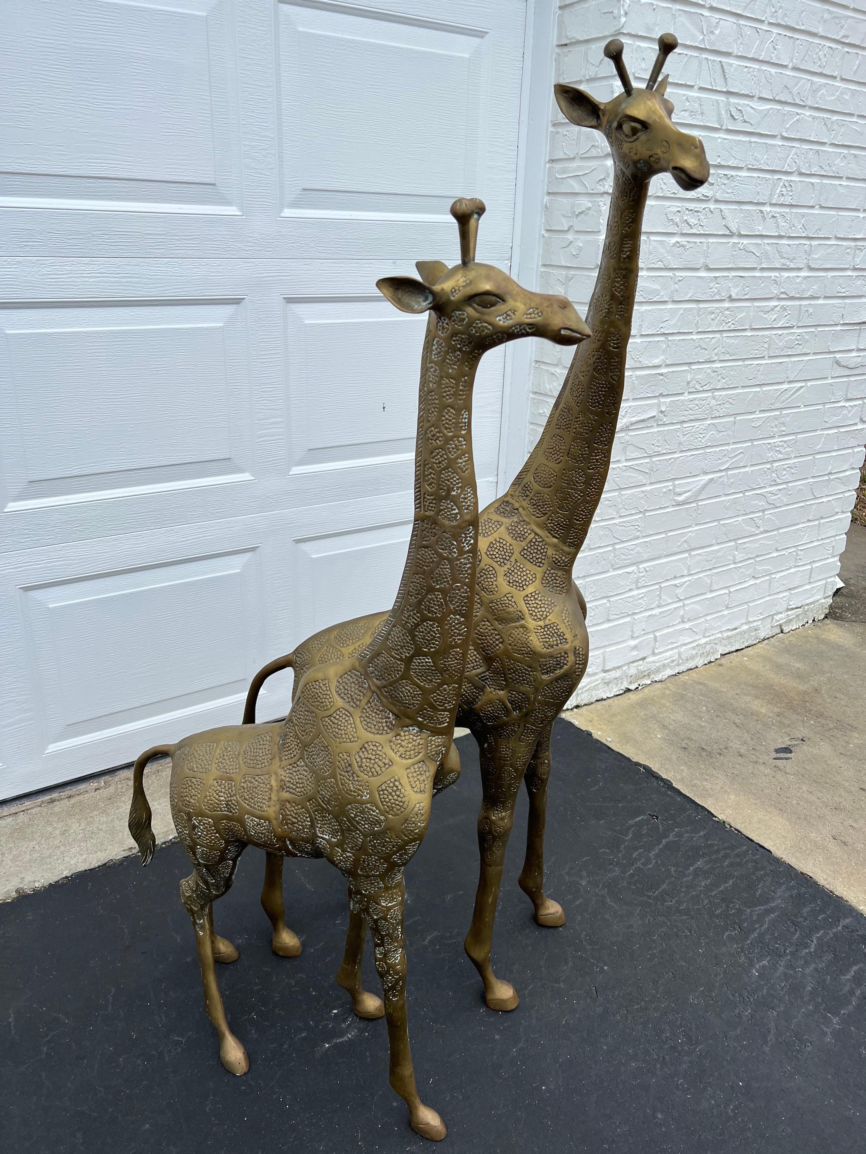 Pair of Hollywood Regency Brass Giraffes-Mother and Baby For Sale 1