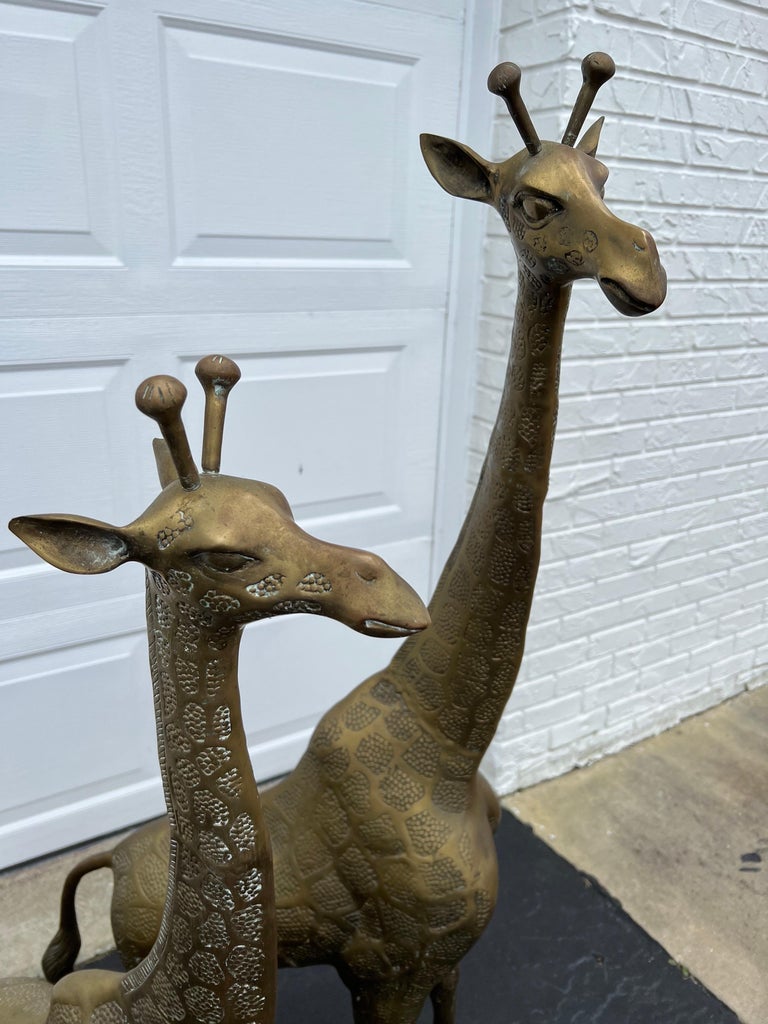 Pair of Hollywood Regency Brass GiraffesMother and Baby For Sale at