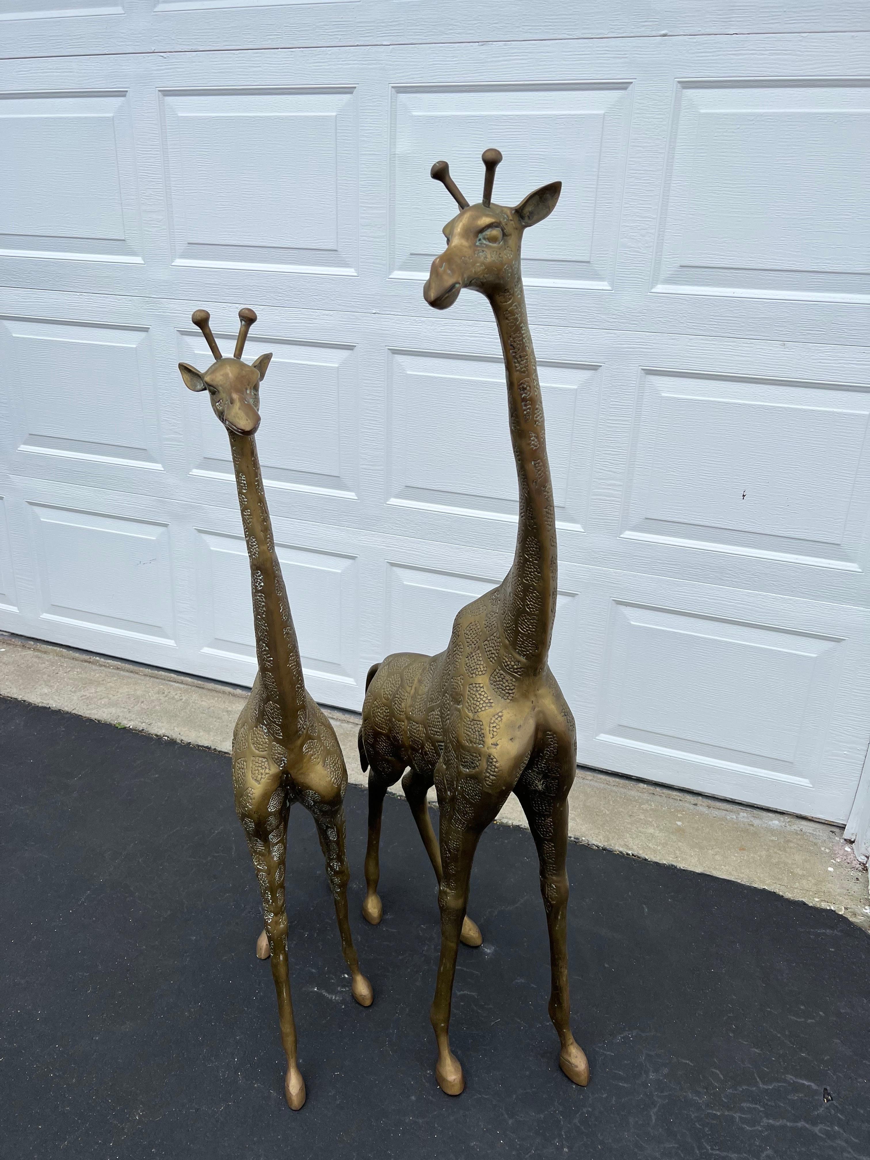 Pair of Hollywood Regency Brass Giraffes-Mother and Baby For Sale 3