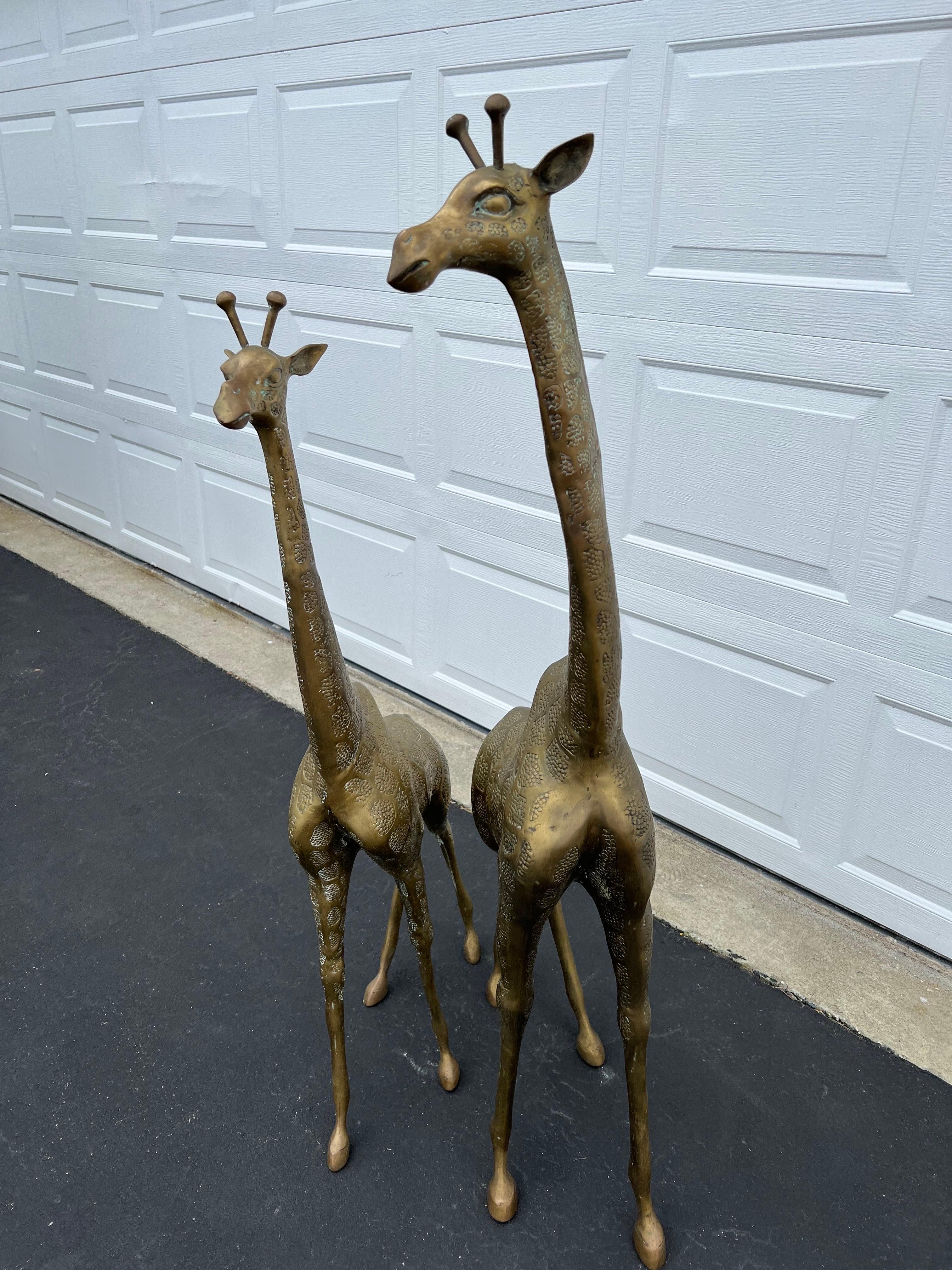 Pair of Hollywood Regency Brass Giraffes-Mother and Baby For Sale 4