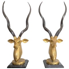 Pair of Hollywood Regency Brass Kudu / Antelope Head Sculptures