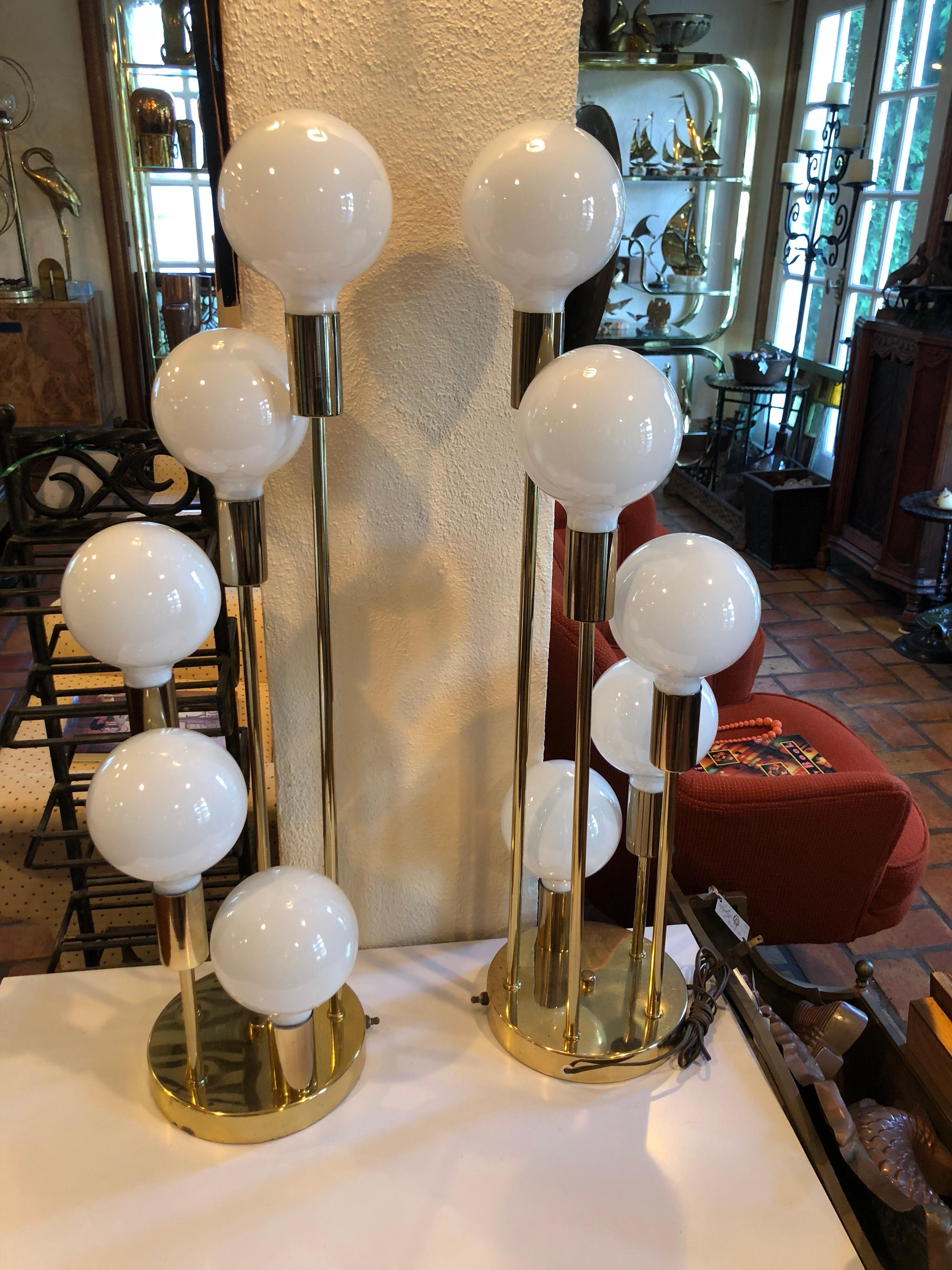 Pair of vintage Robert Sonneman waterfall five-tiered brass Orb lamps.