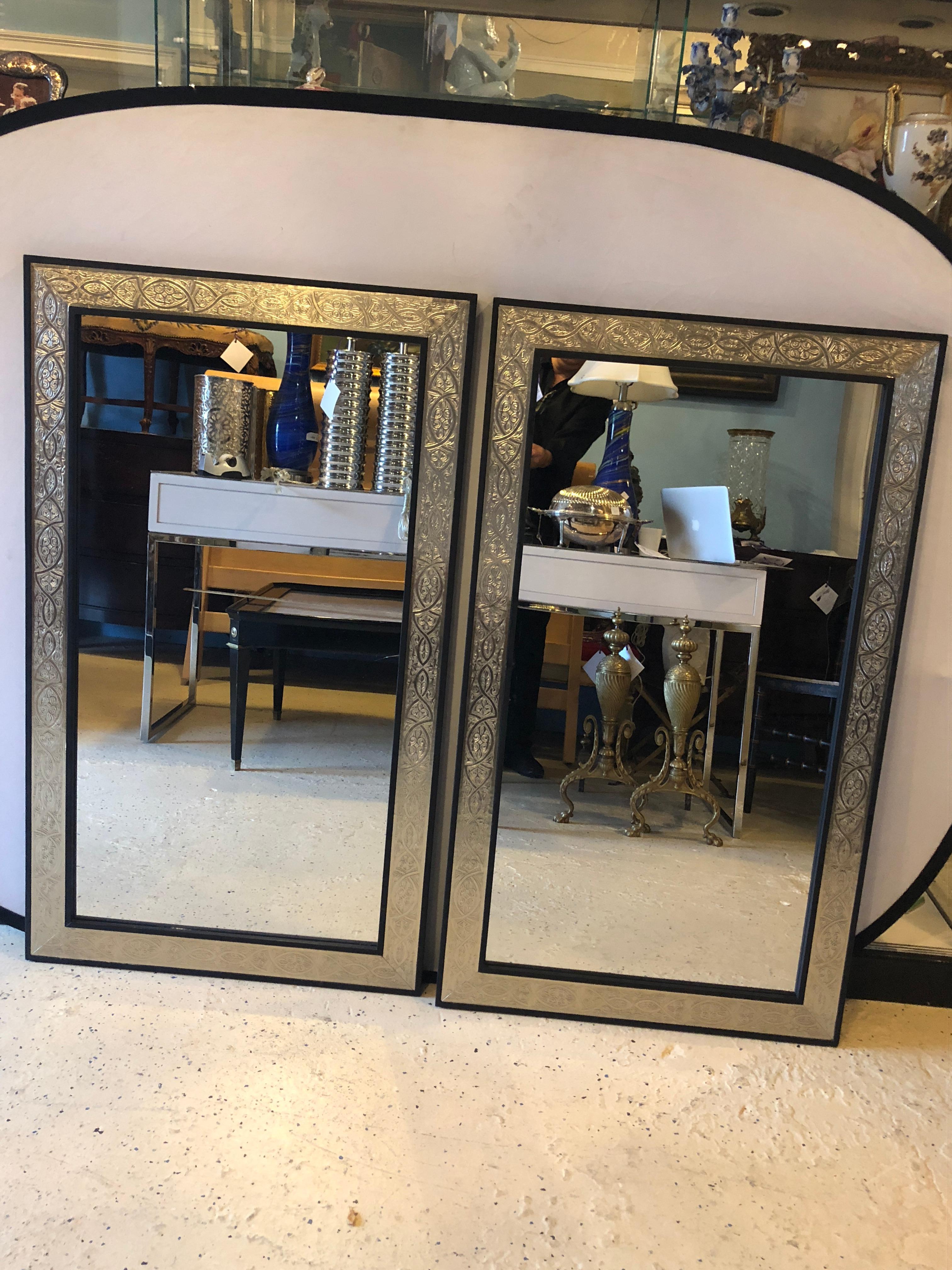Pair of Hollywood Regency Brass over Wood Moroccan Black Mirrors In Good Condition In Stamford, CT