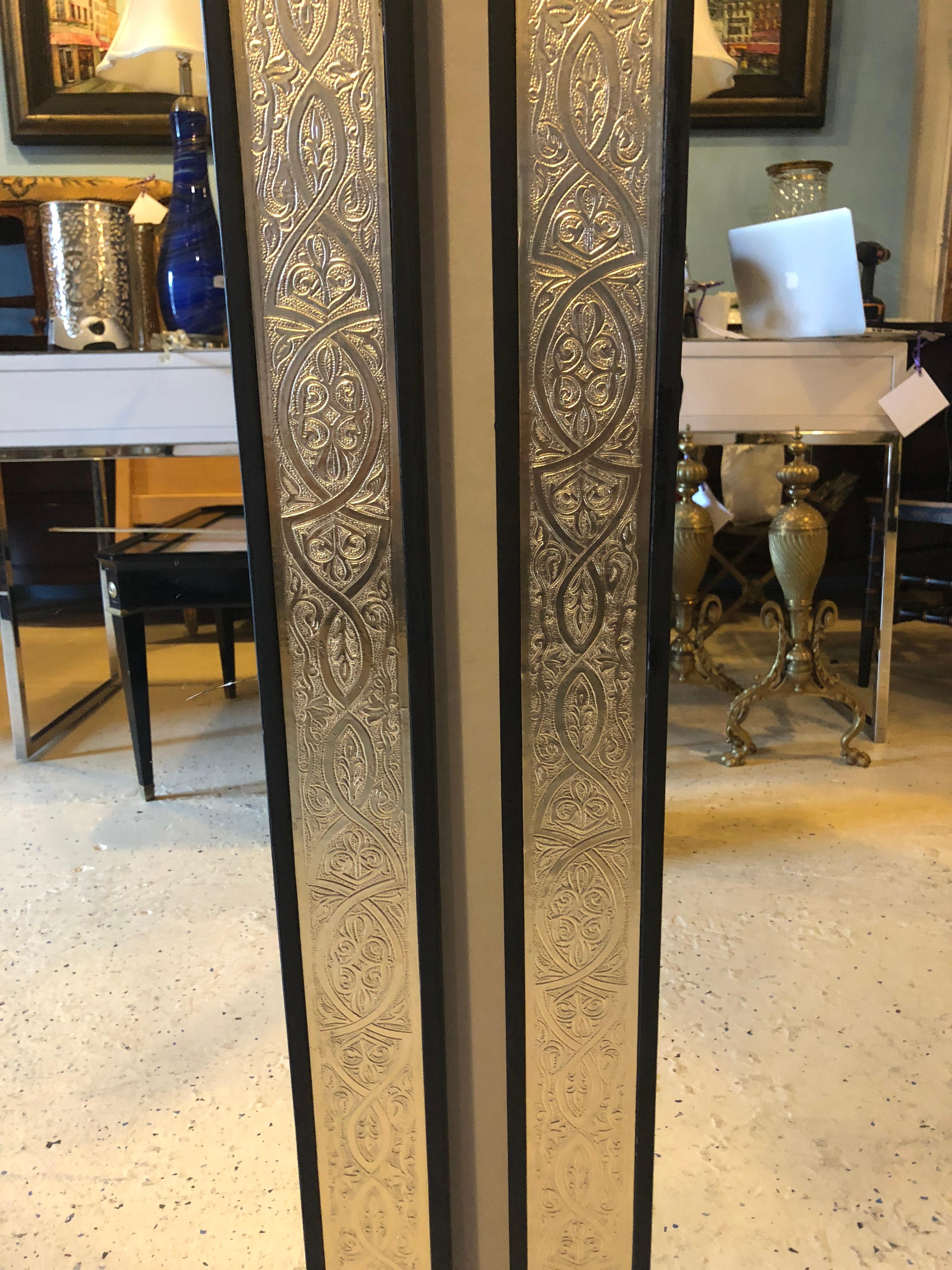 20th Century Pair of Hollywood Regency Brass over Wood Moroccan Black Mirrors