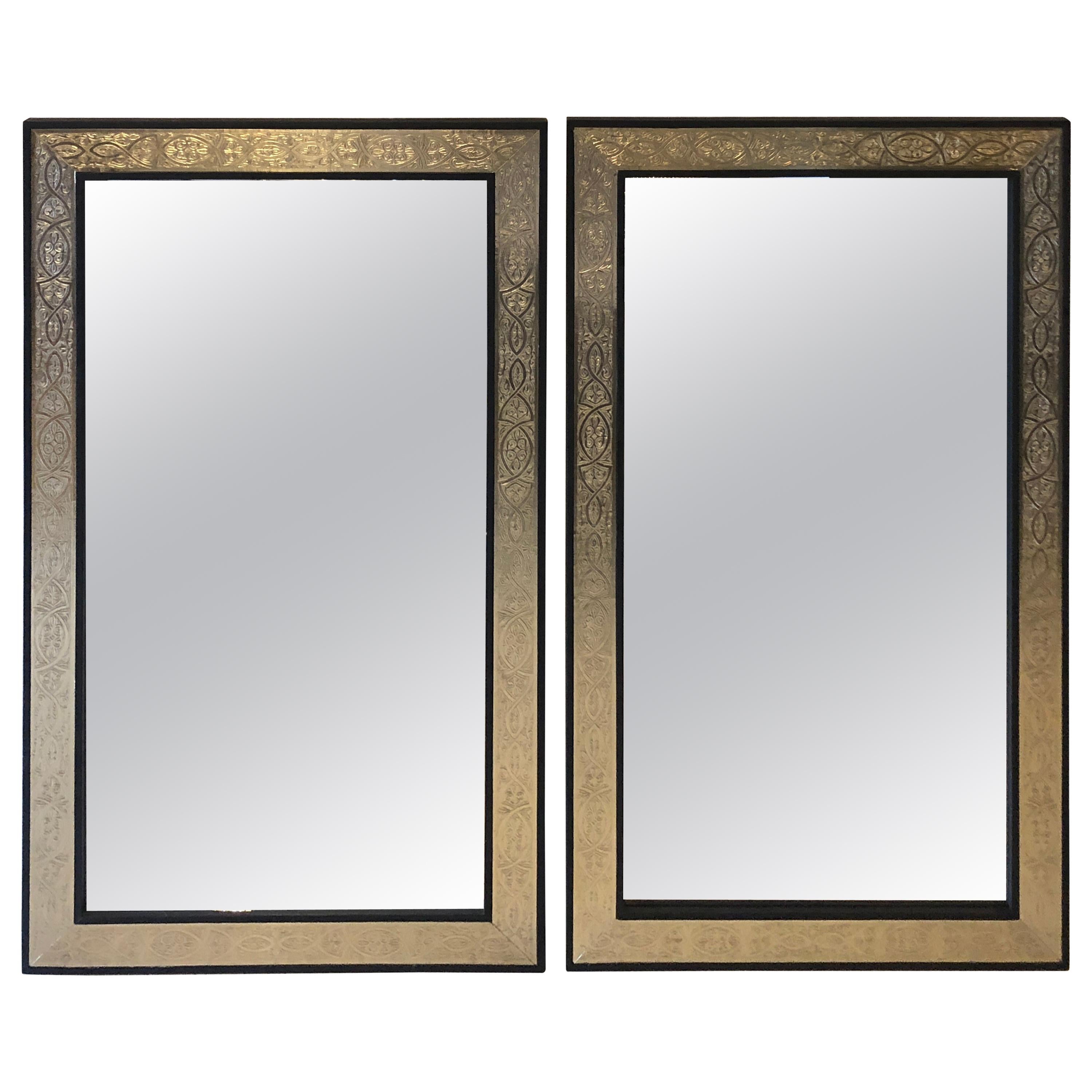 Pair of Hollywood Regency Brass over Wood Moroccan Black Mirrors