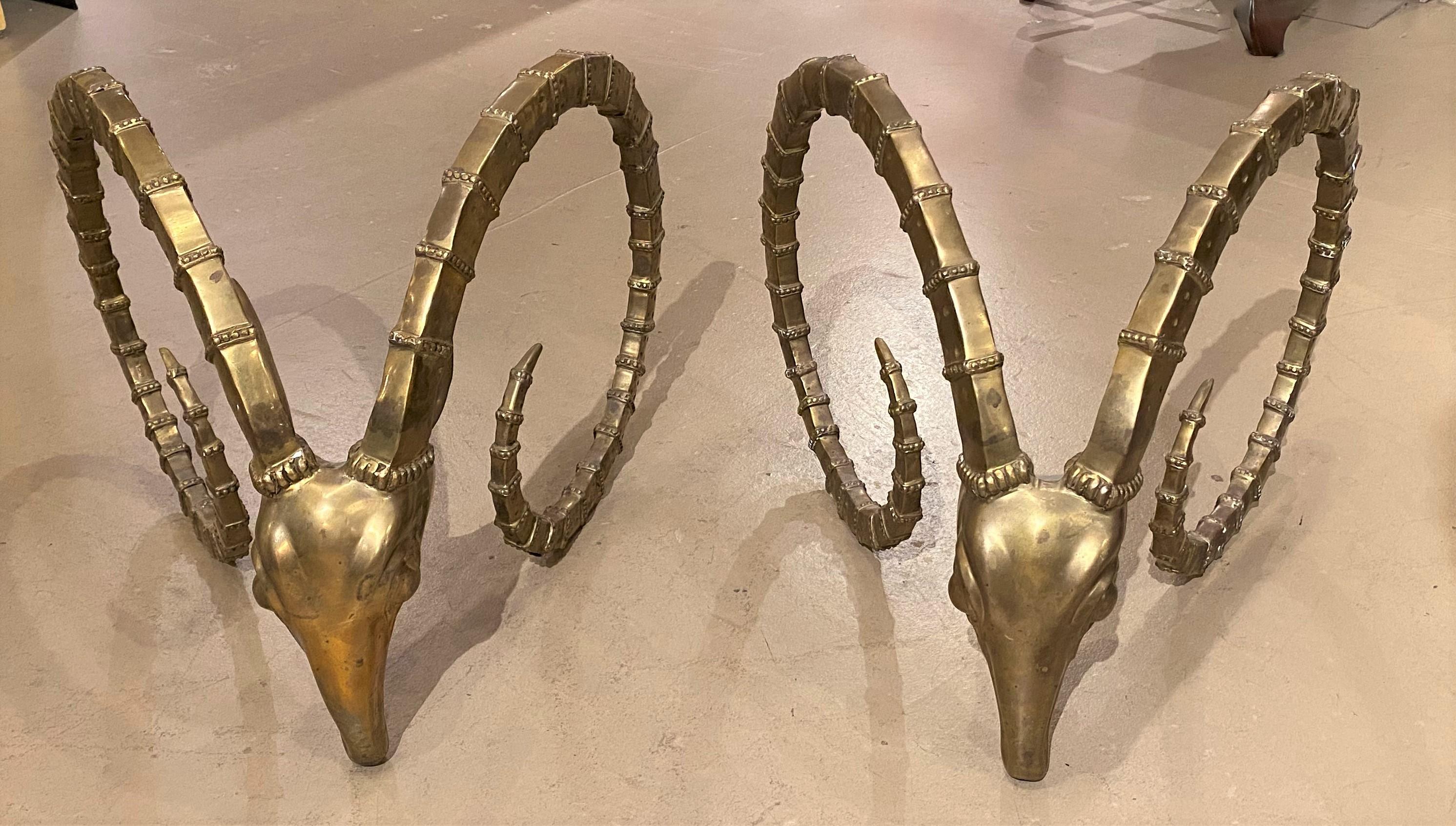 A fine pair of brass ram’s heads in the Ibex style of designer Alain Chervet, most likely used as a table base for a glass top table. This pair is unsigned, dating to the 1970s, in very good condition, with great patina and minor surface wear