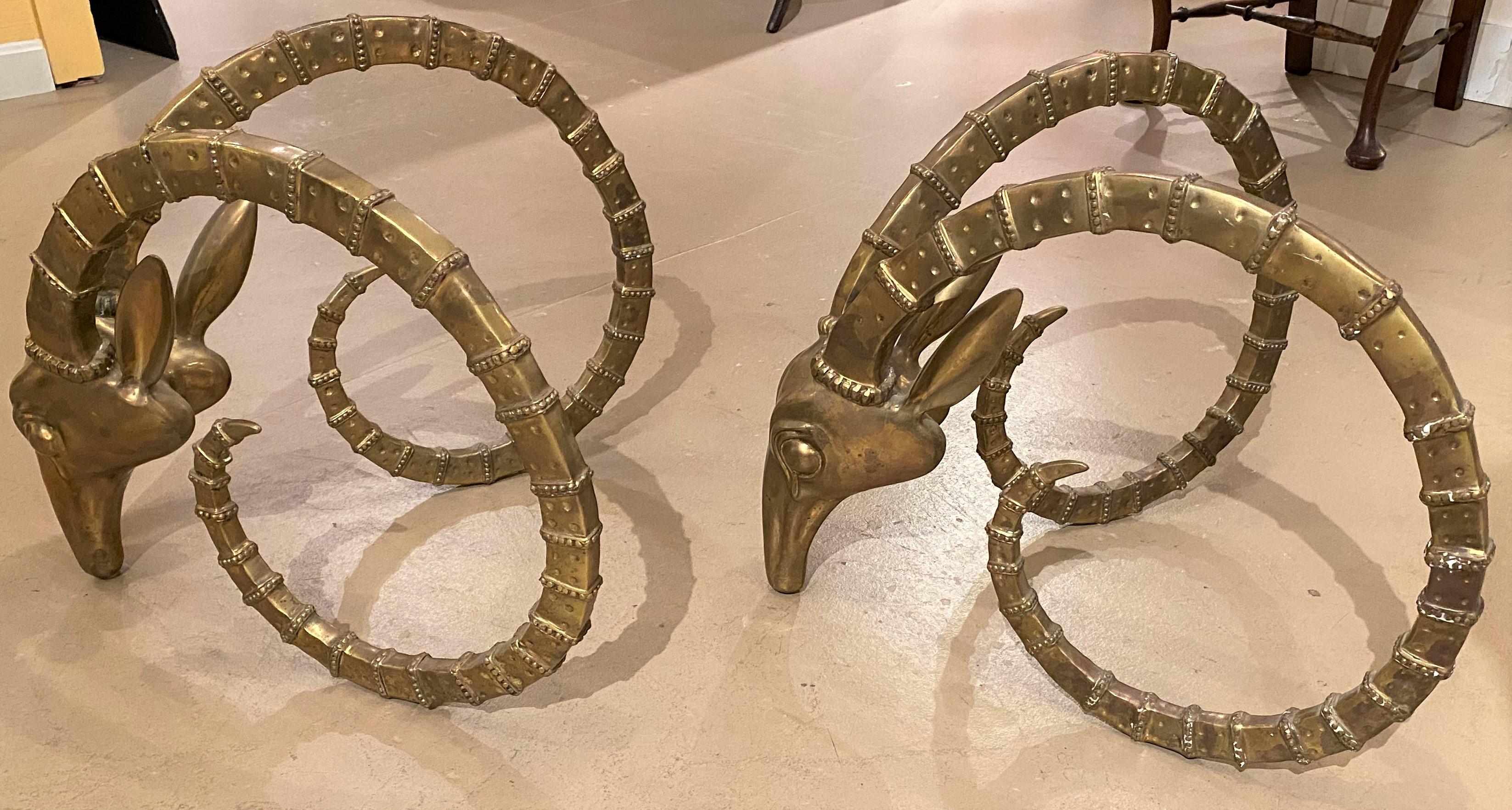 French Pair of Hollywood Regency Brass Ram’s Heads in the Ibex Style of Alain Chervet For Sale