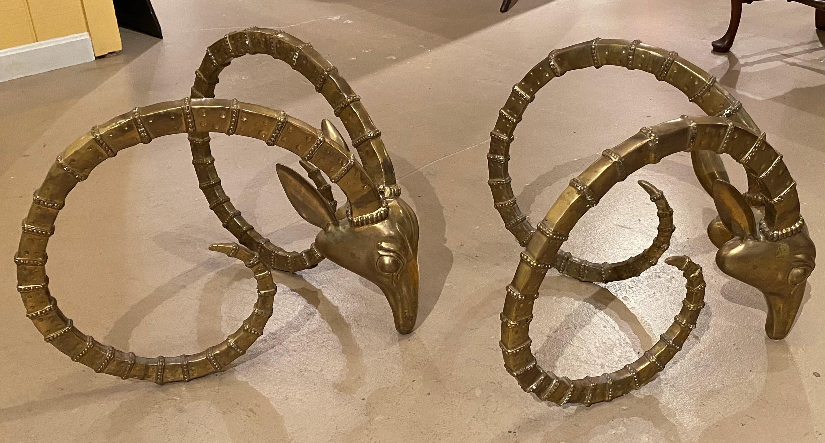 Pair of Hollywood Regency Brass Ram’s Heads in the Ibex Style of Alain Chervet In Good Condition For Sale In Milford, NH