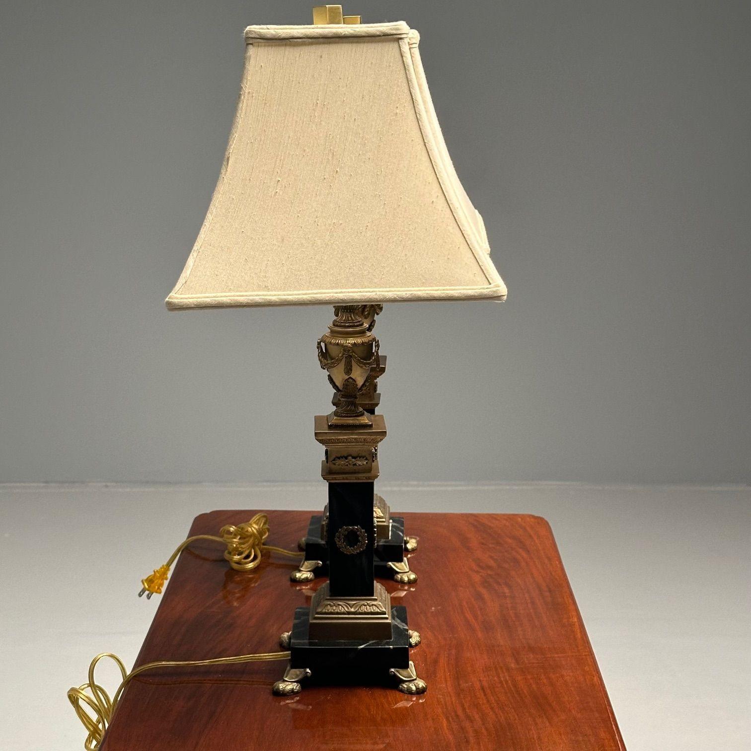 Pair of Hollywood Regency Bronze and Marble Table Lamps, Corinthian Column Form For Sale 5
