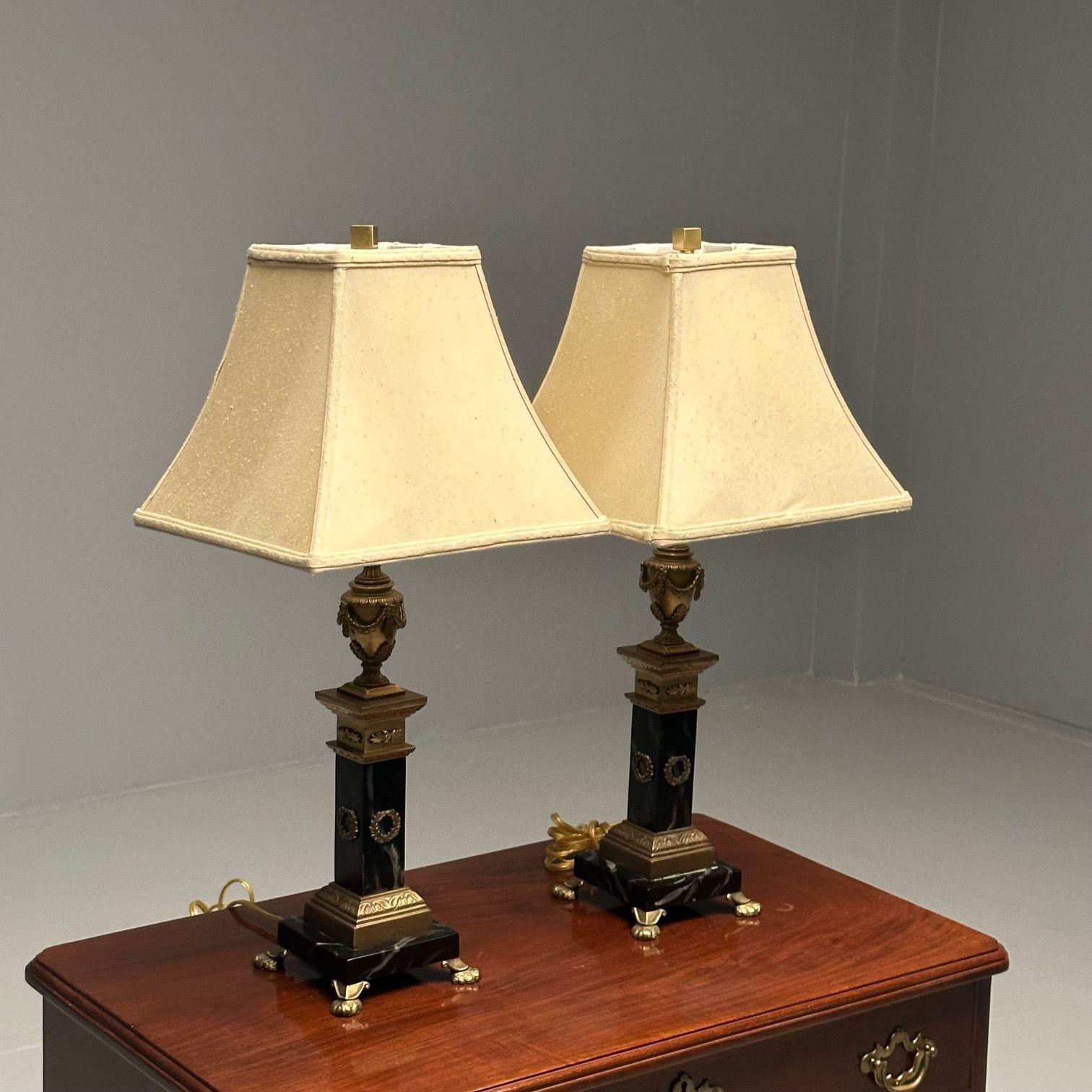 Adam Style Pair of Hollywood Regency Bronze and Marble Table Lamps, Corinthian Column Form For Sale