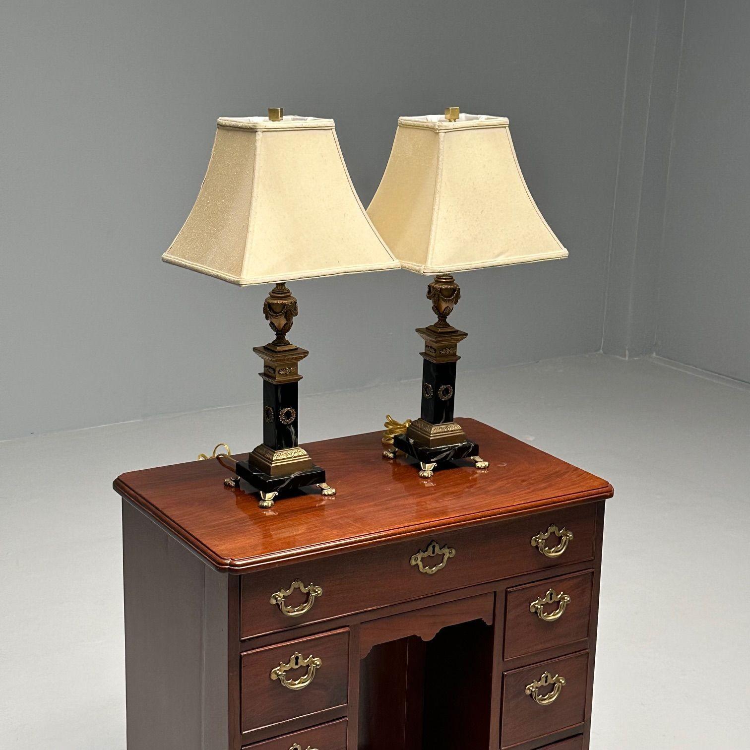 French Pair of Hollywood Regency Bronze and Marble Table Lamps, Corinthian Column Form For Sale